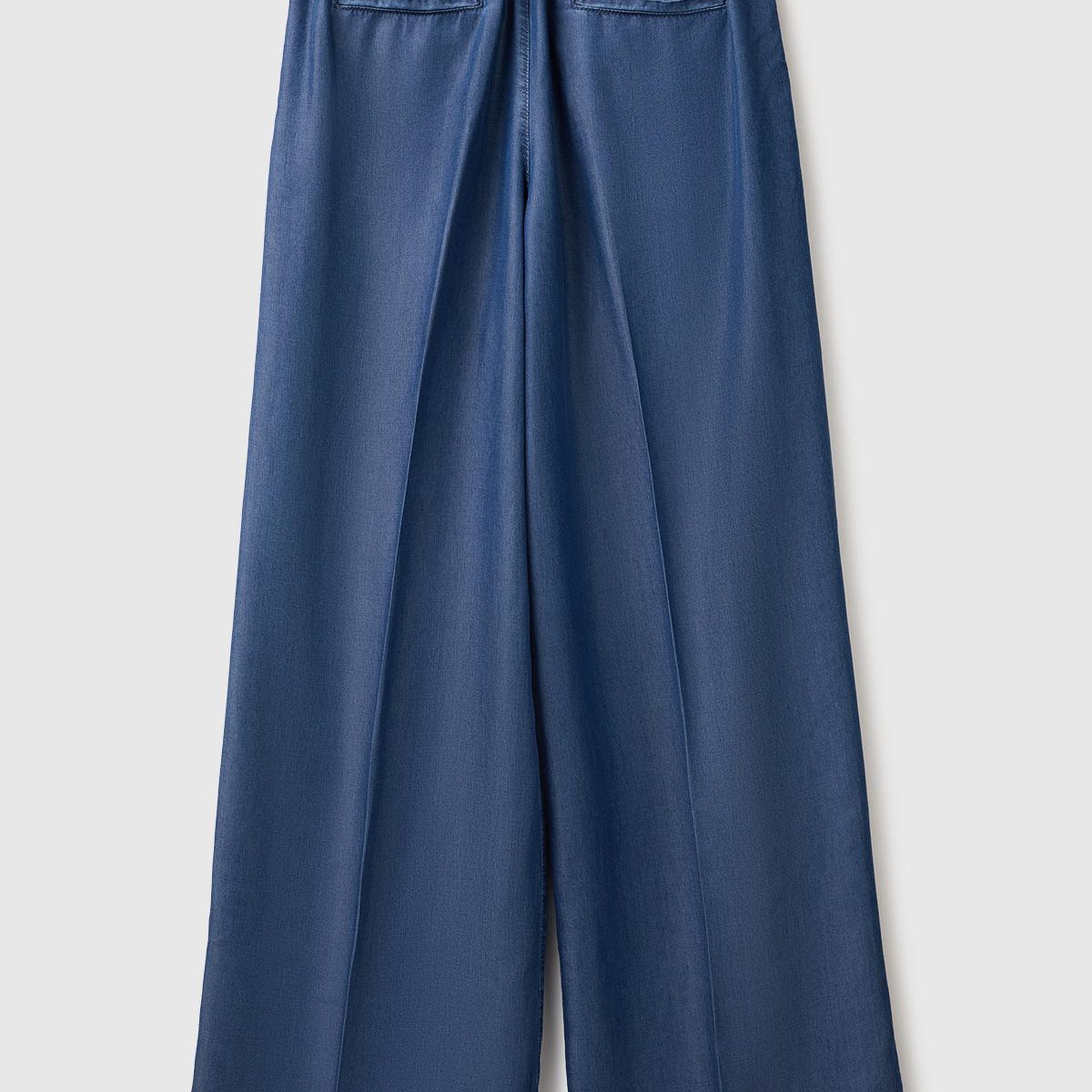 Kadın Mavi Bol Paça Cepli Denim Pantolon