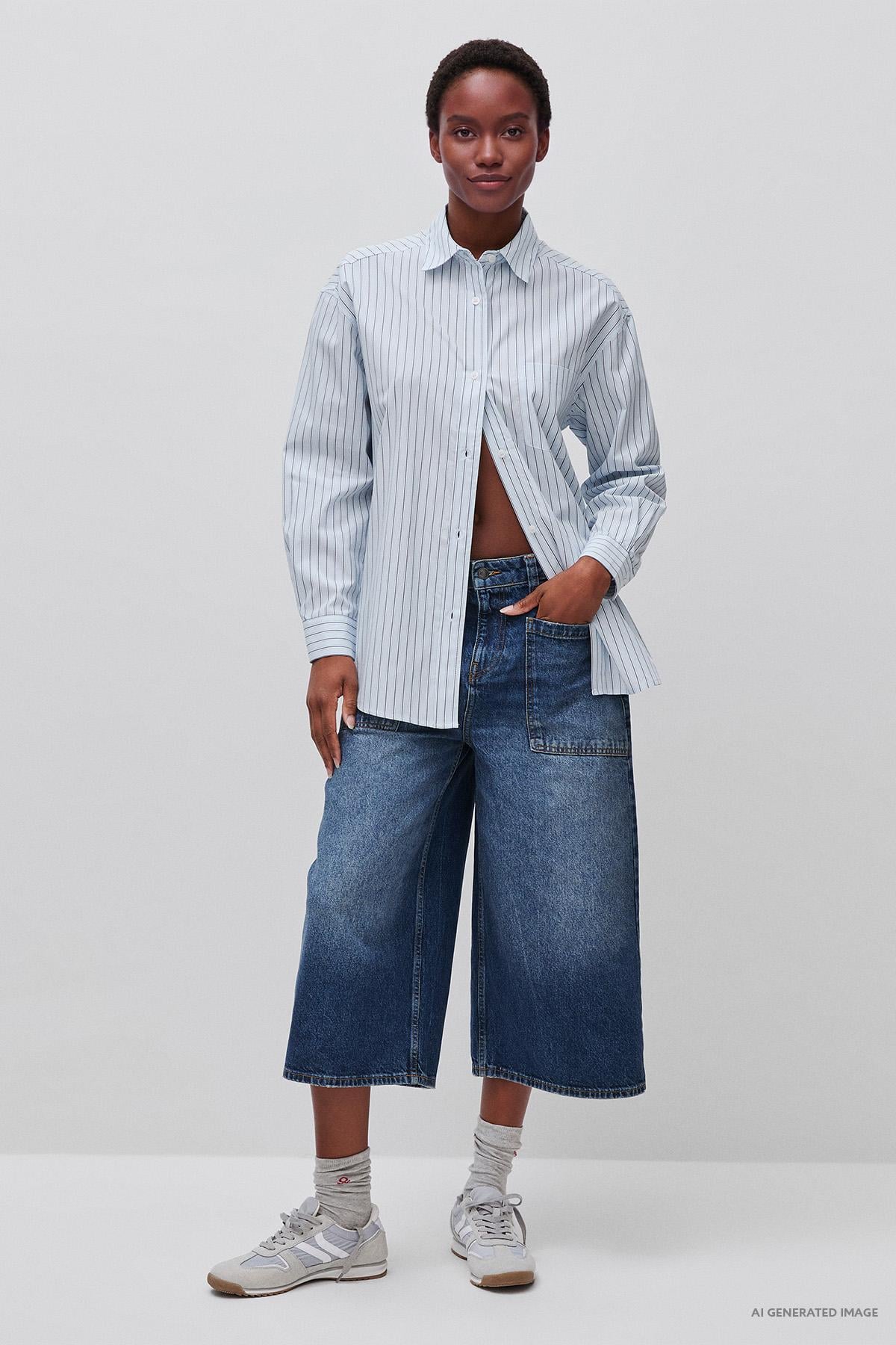 Kadın Mavi %100 Pamuk Denim Gömlek