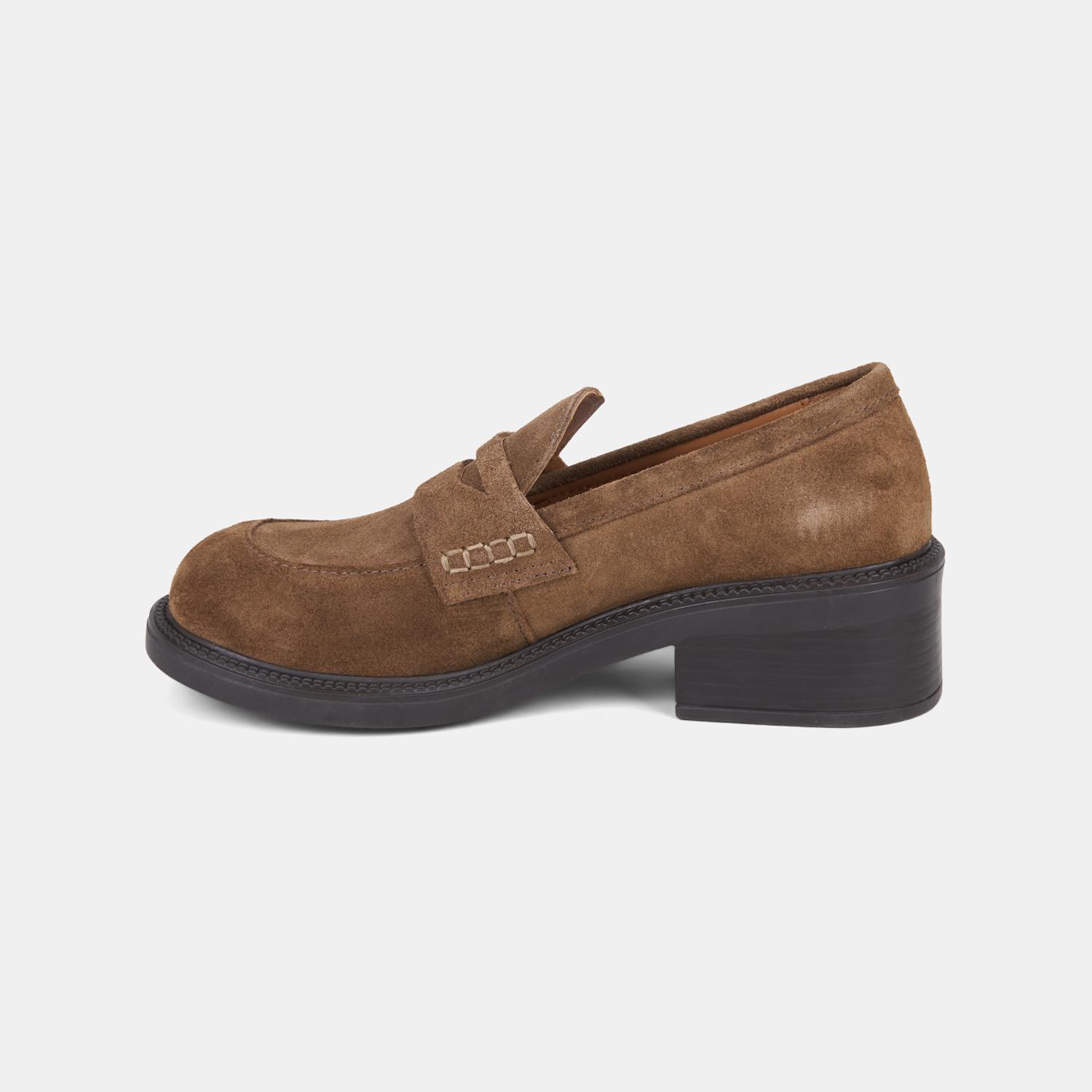 Kadın Taba Yuvarlak Burunlu Kalın Topuklu Süet Loafer