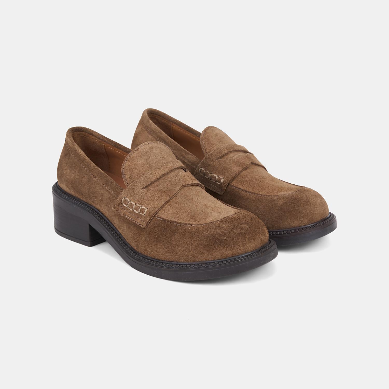 Kadın Taba Yuvarlak Burunlu Kalın Topuklu Süet Loafer