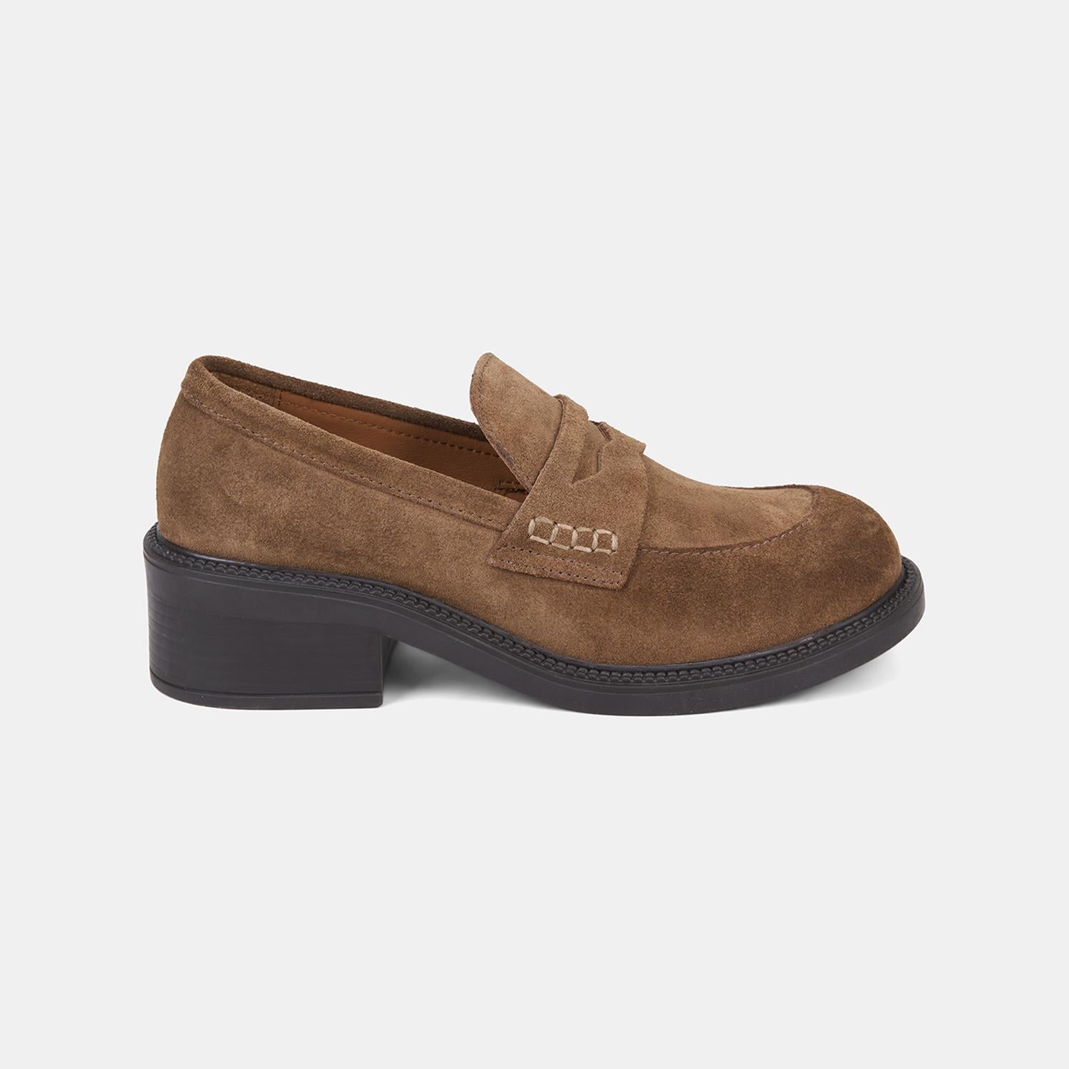 Kadın Taba Yuvarlak Burunlu Kalın Topuklu Süet Loafer