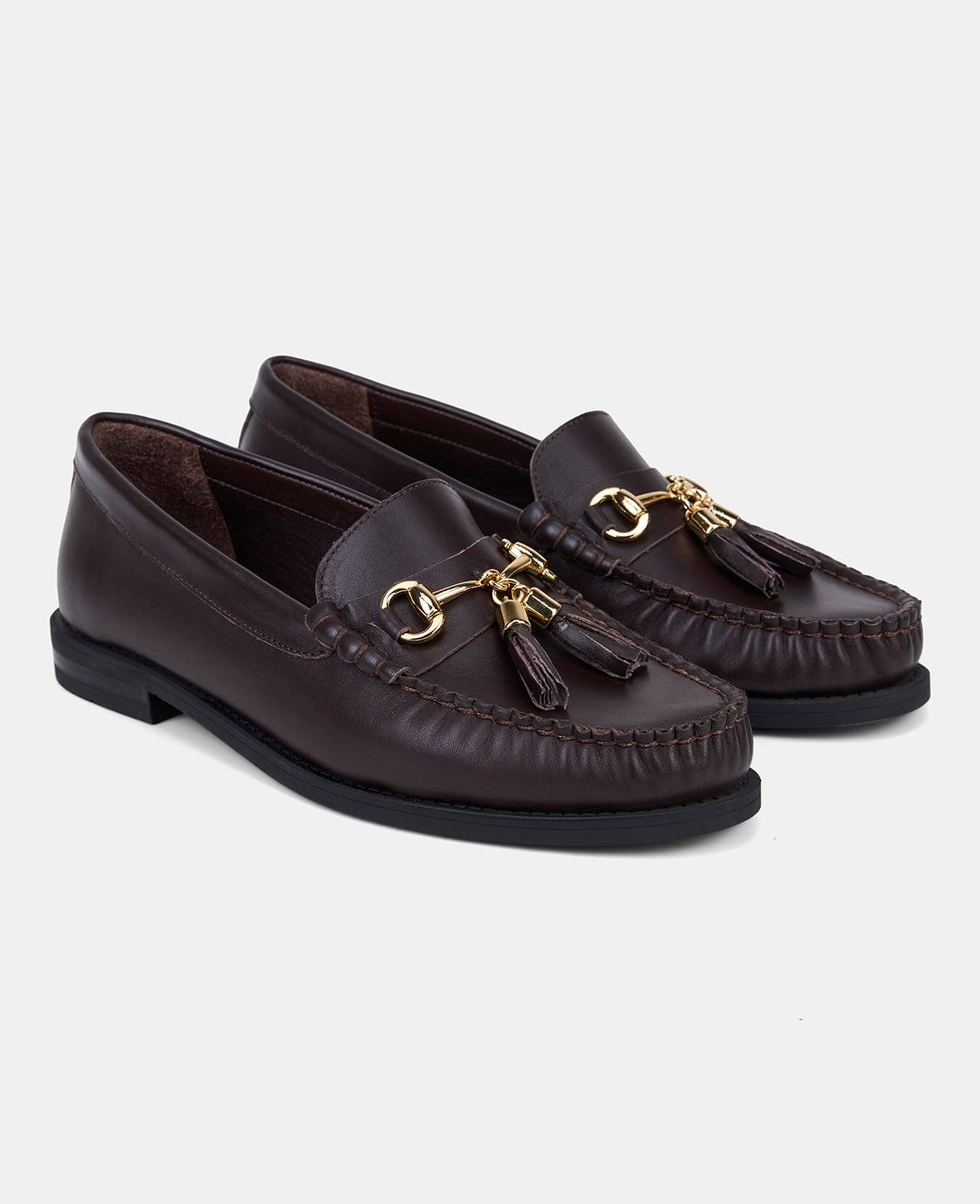 Kadın Kahve Metal Tokalı Püsküllü Deri Loafer
