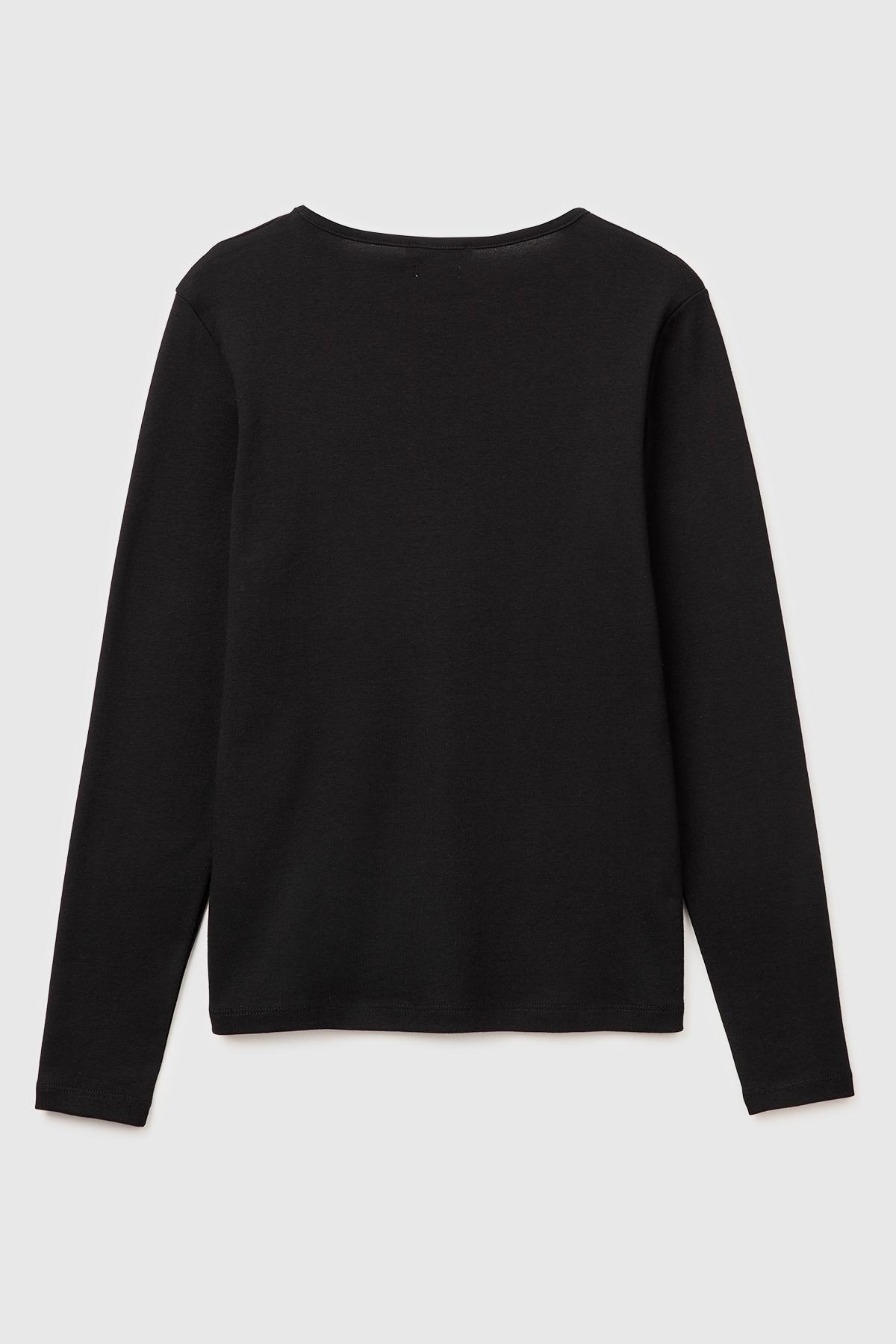 Kadın Siyah %100 Pamuk Slim Fit Ribanalı Uzun Kollu T-Shirt