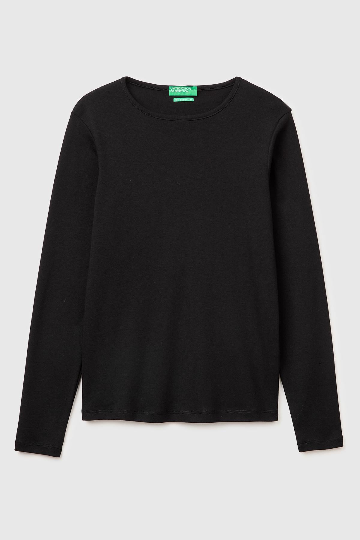 Kadın Siyah %100 Pamuk Slim Fit Ribanalı Uzun Kollu T-Shirt