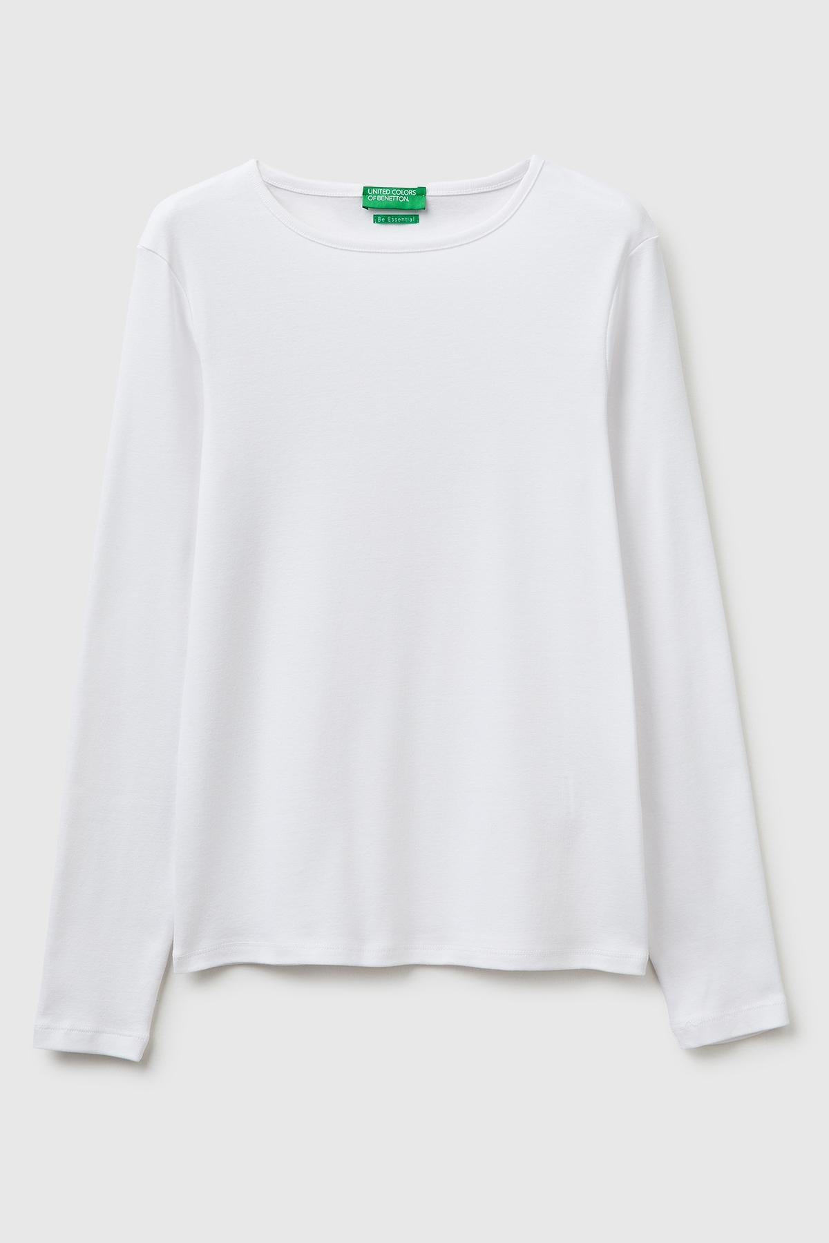 Kadın Beyaz %100 Pamuk Slim Fit Ribanalı Uzun Kollu T-Shirt