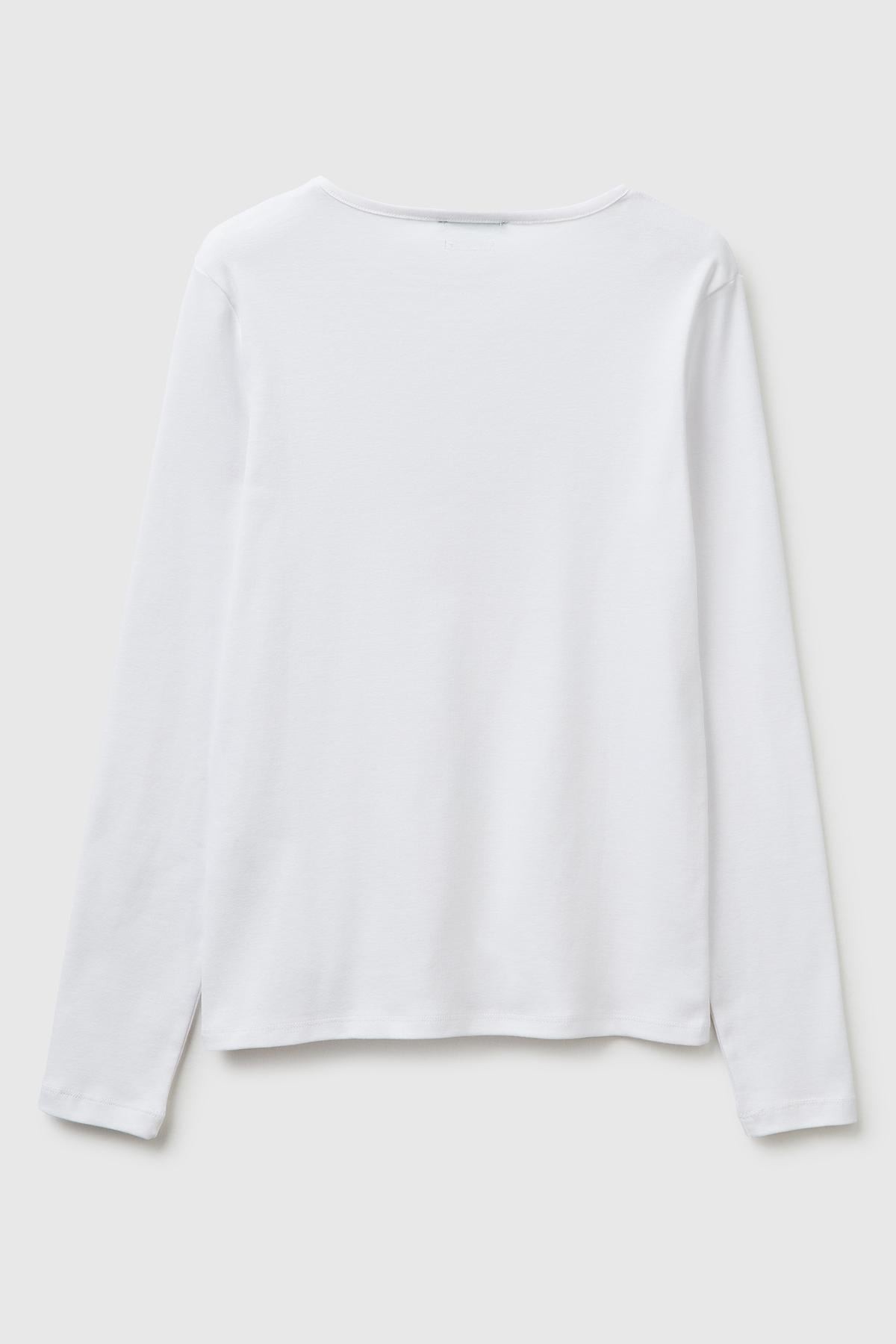 Kadın Beyaz %100 Pamuk Slim Fit Ribanalı Uzun Kollu T-Shirt