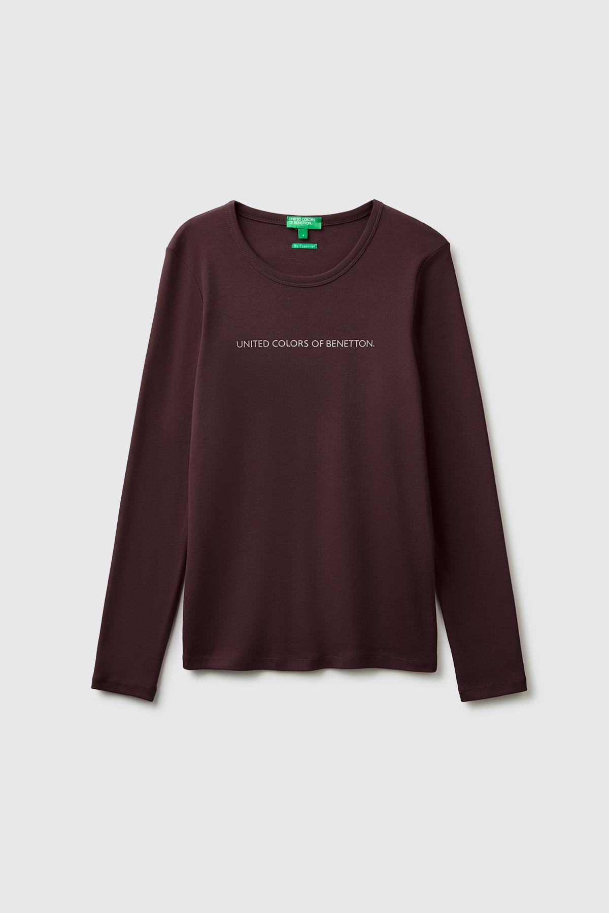 Kadın Kahverengi %100 Pamuk Regular Fit Ribanalı Uzun Kollu T-Shirt