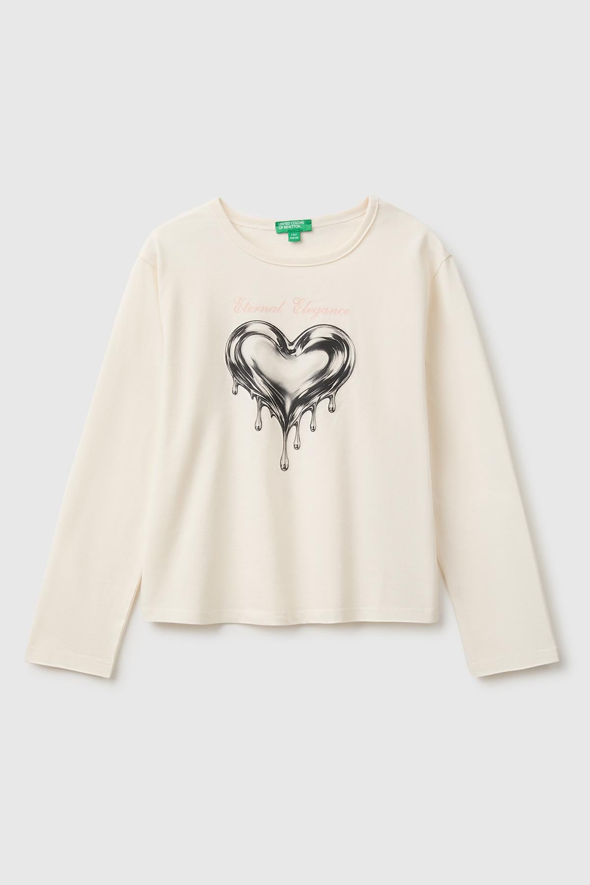 Kız Çocuk Ekru Uzun Kollu Önü Baskılı Bisiklet Yaka T-Shirt