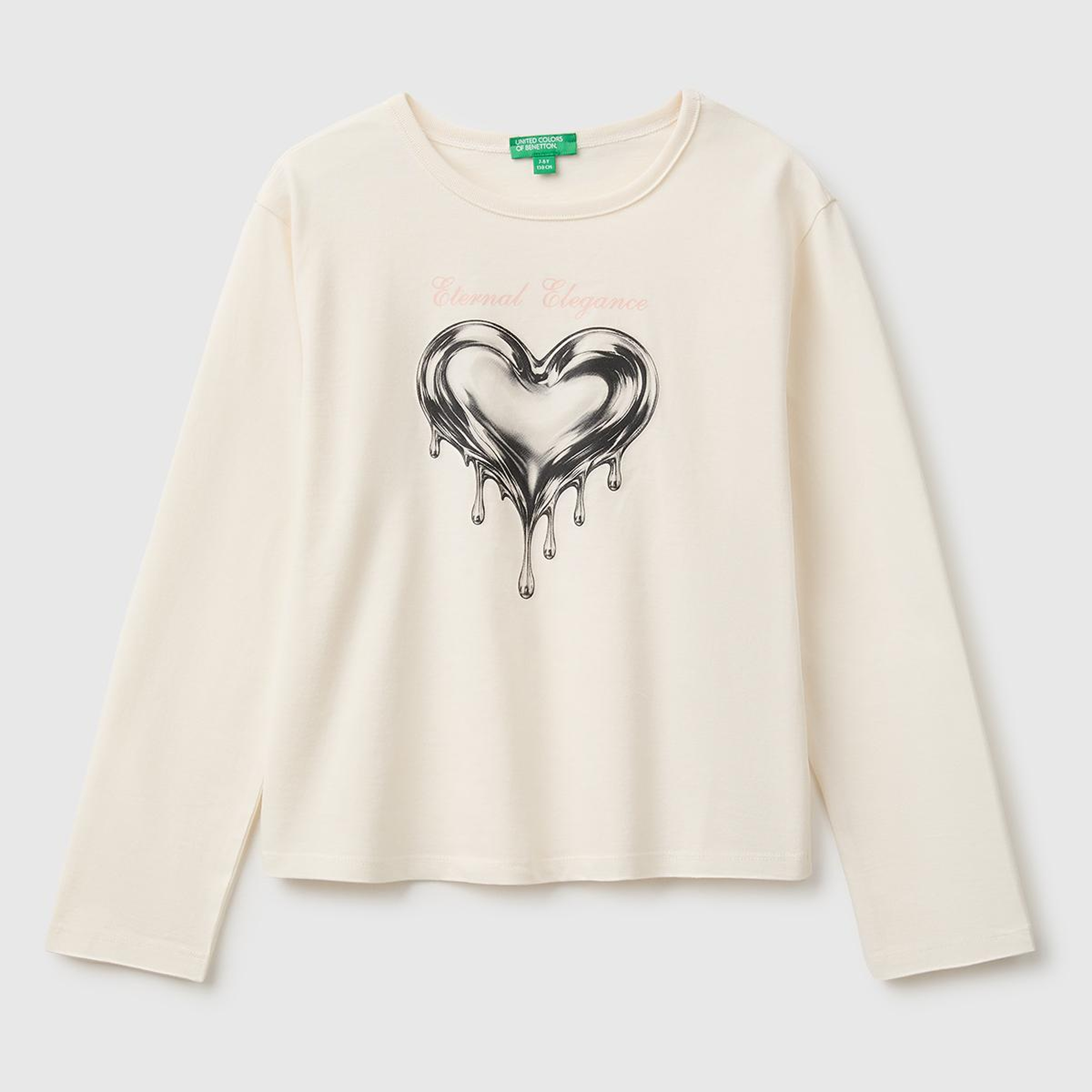 Kız Çocuk Ekru Uzun Kollu Önü Baskılı Bisiklet Yaka T-Shirt