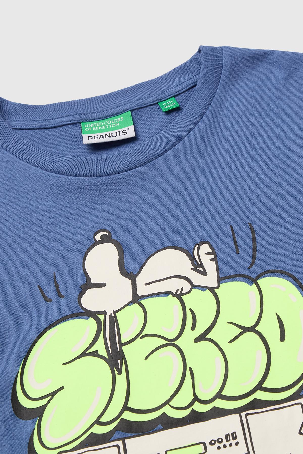 Erkek Çocuk Mavi Önü Snoopy Baskılı Oversize Uzun Kollu Tişört