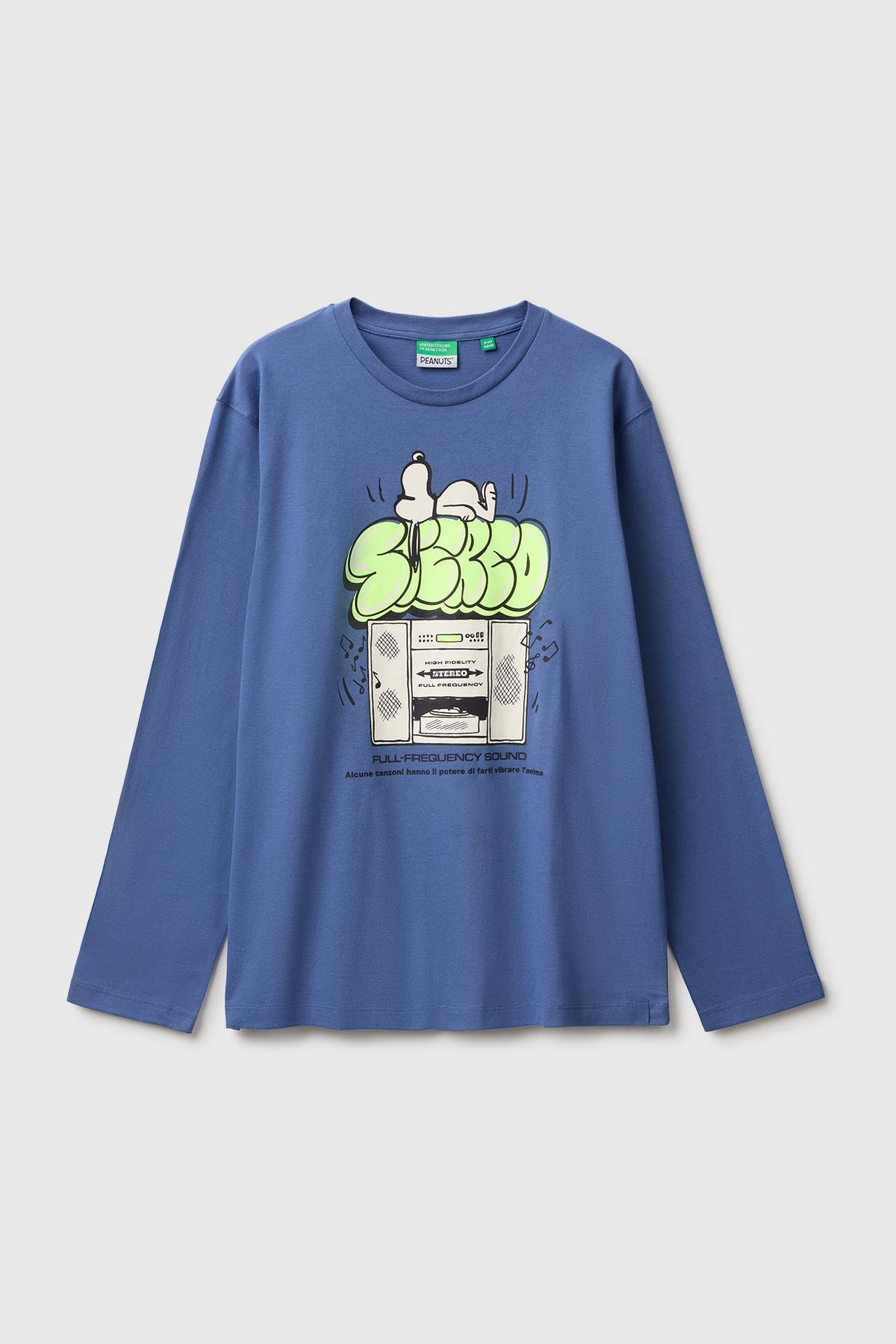Erkek Çocuk Mavi Önü Snoopy Baskılı Oversize Uzun Kollu Tişört