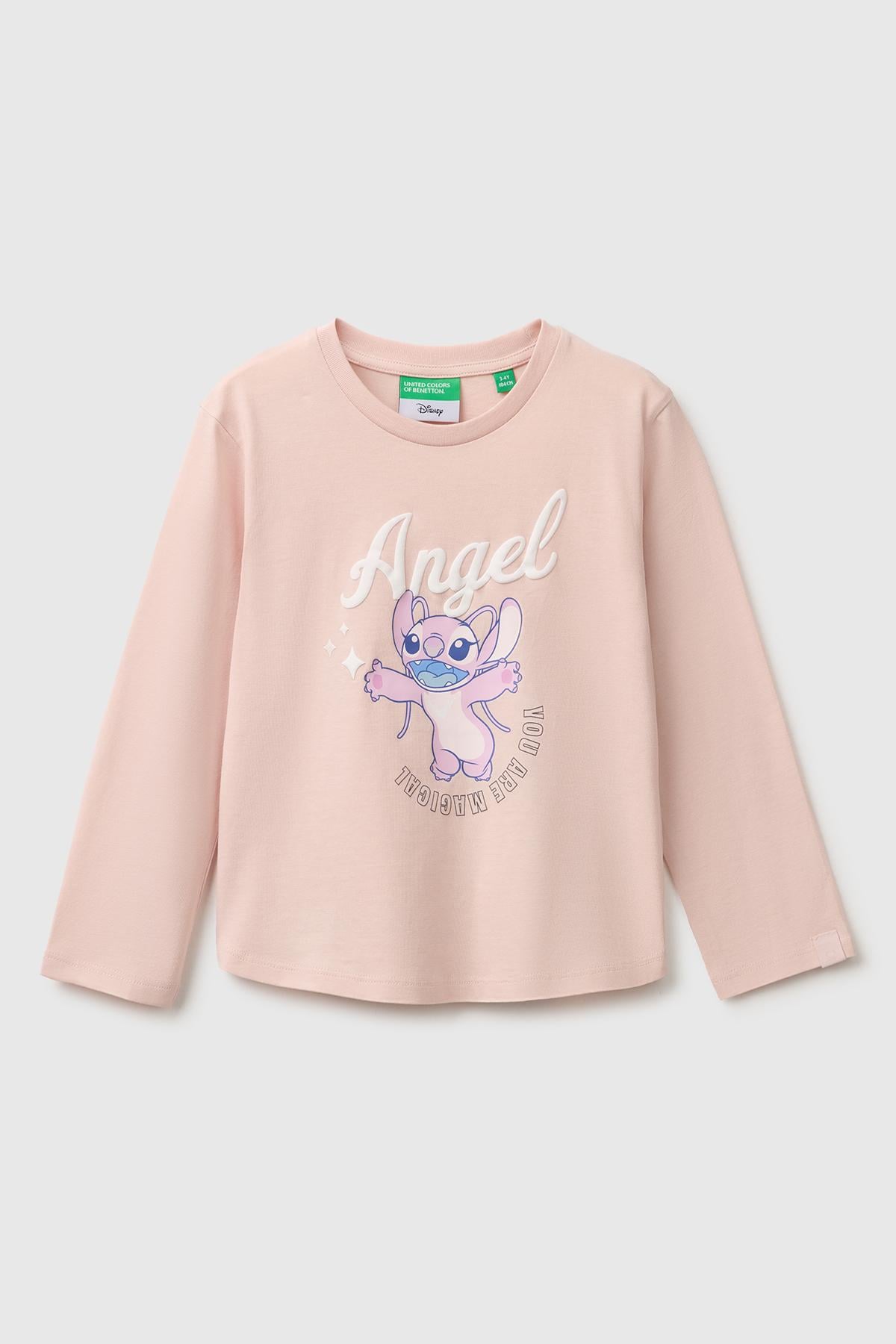 Kız Çocuk Pudra Önü Lilo&Stitch Baskılı Ribanalı Uzun Kollu Tişört