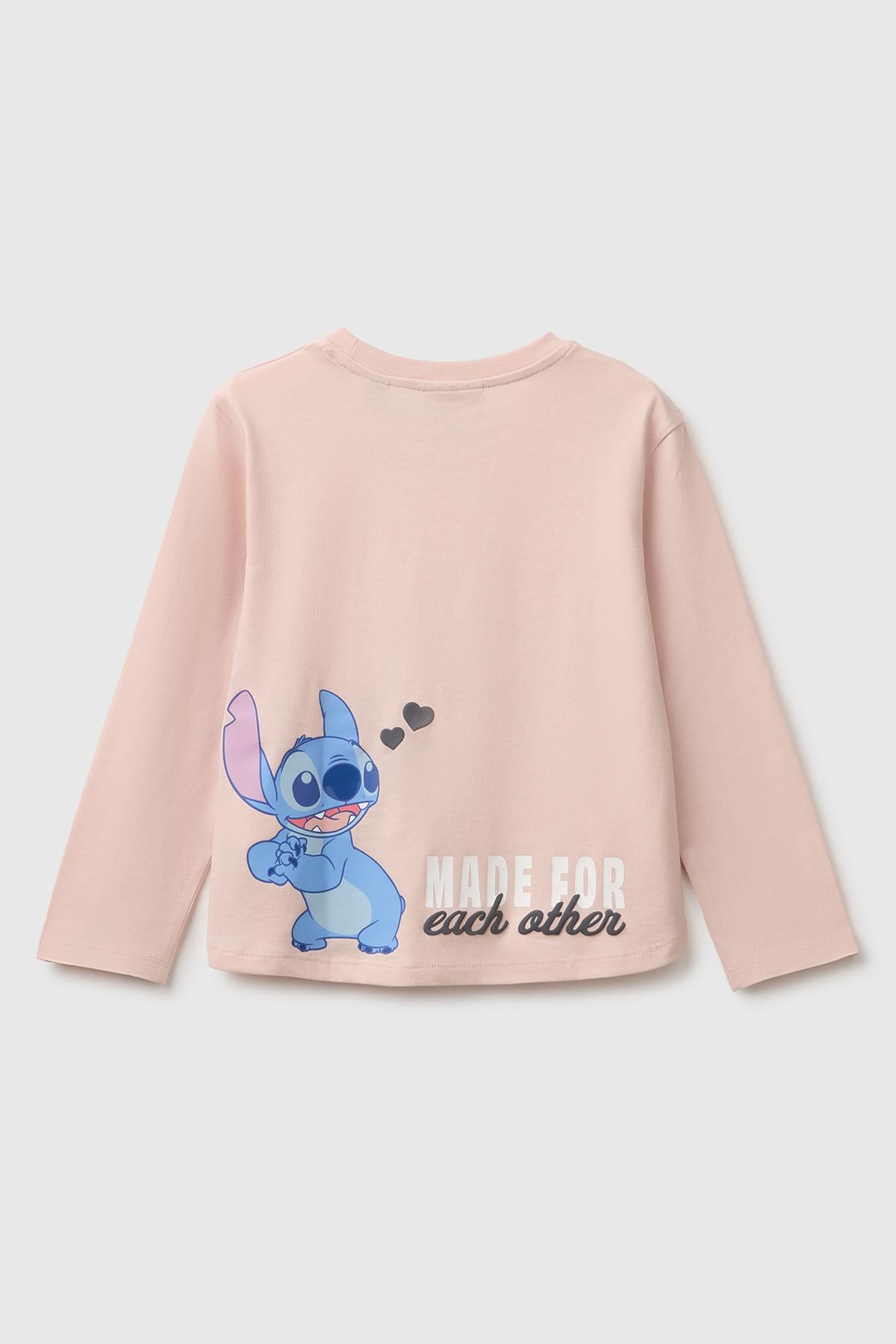 Kız Çocuk Pudra Önü Lilo&Stitch Baskılı Ribanalı Uzun Kollu Tişört