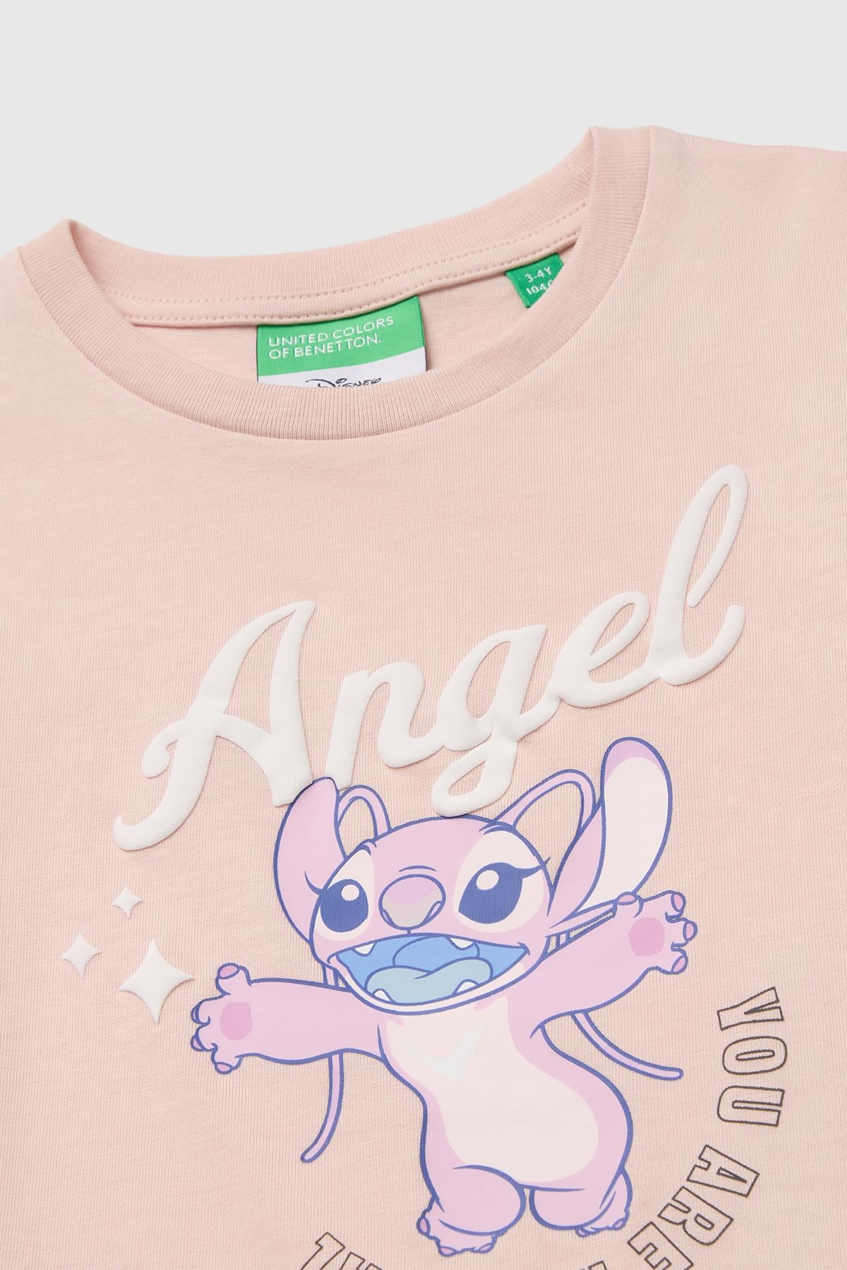 Kız Çocuk Pudra Önü Lilo&Stitch Baskılı Ribanalı Uzun Kollu Tişört