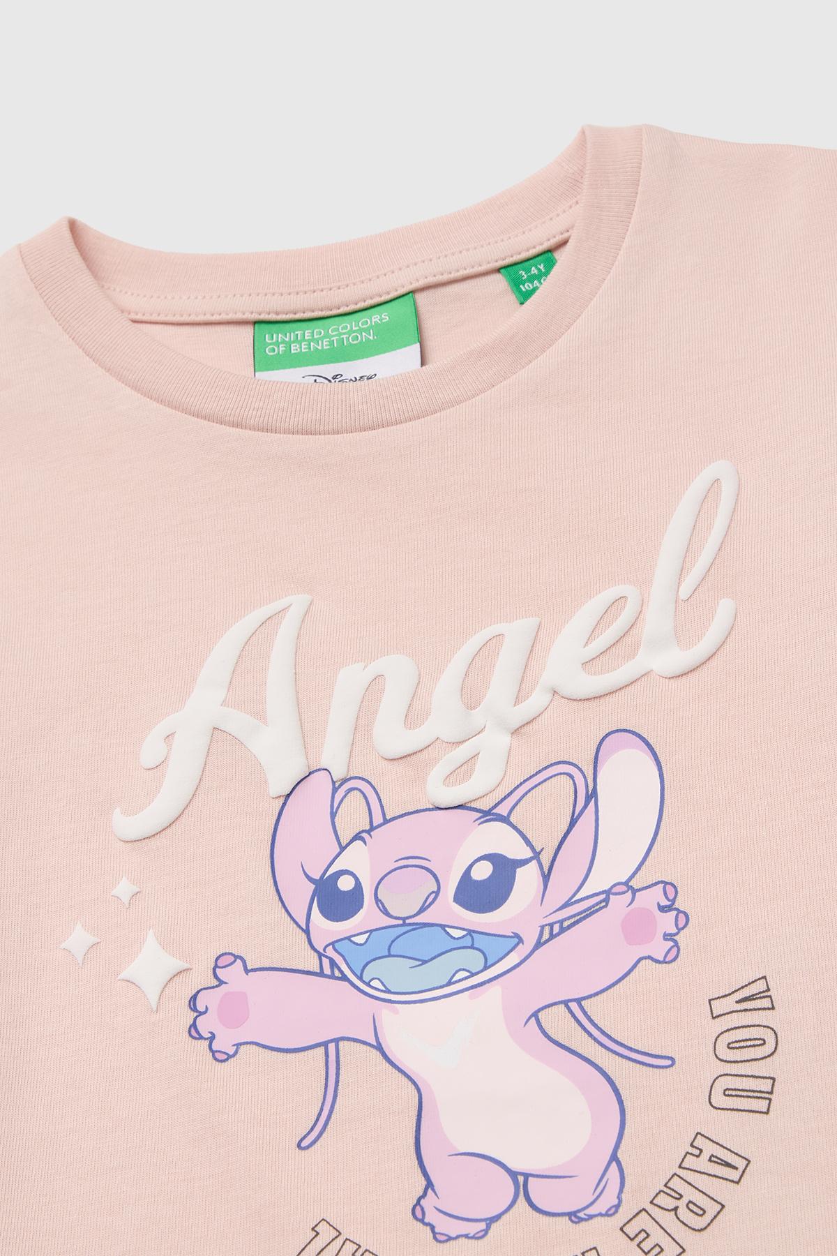 Kız Çocuk Pudra Önü Lilo&Stitch Baskılı Ribanalı Uzun Kollu Tişört