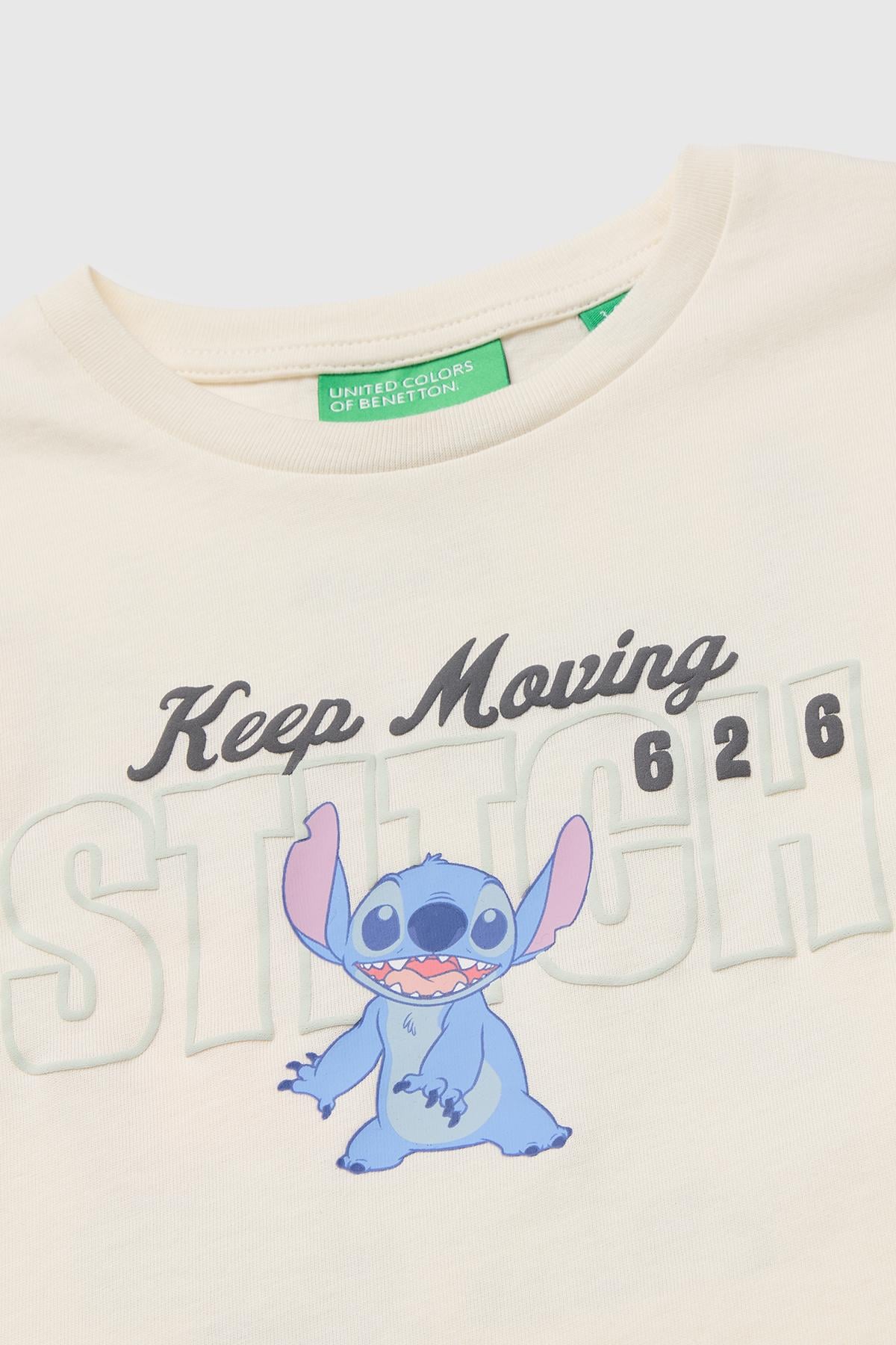 Kız Çocuk Ekru Önü Lilo&Stitch Baskılı Ribanalı Uzun Kollu Tişört