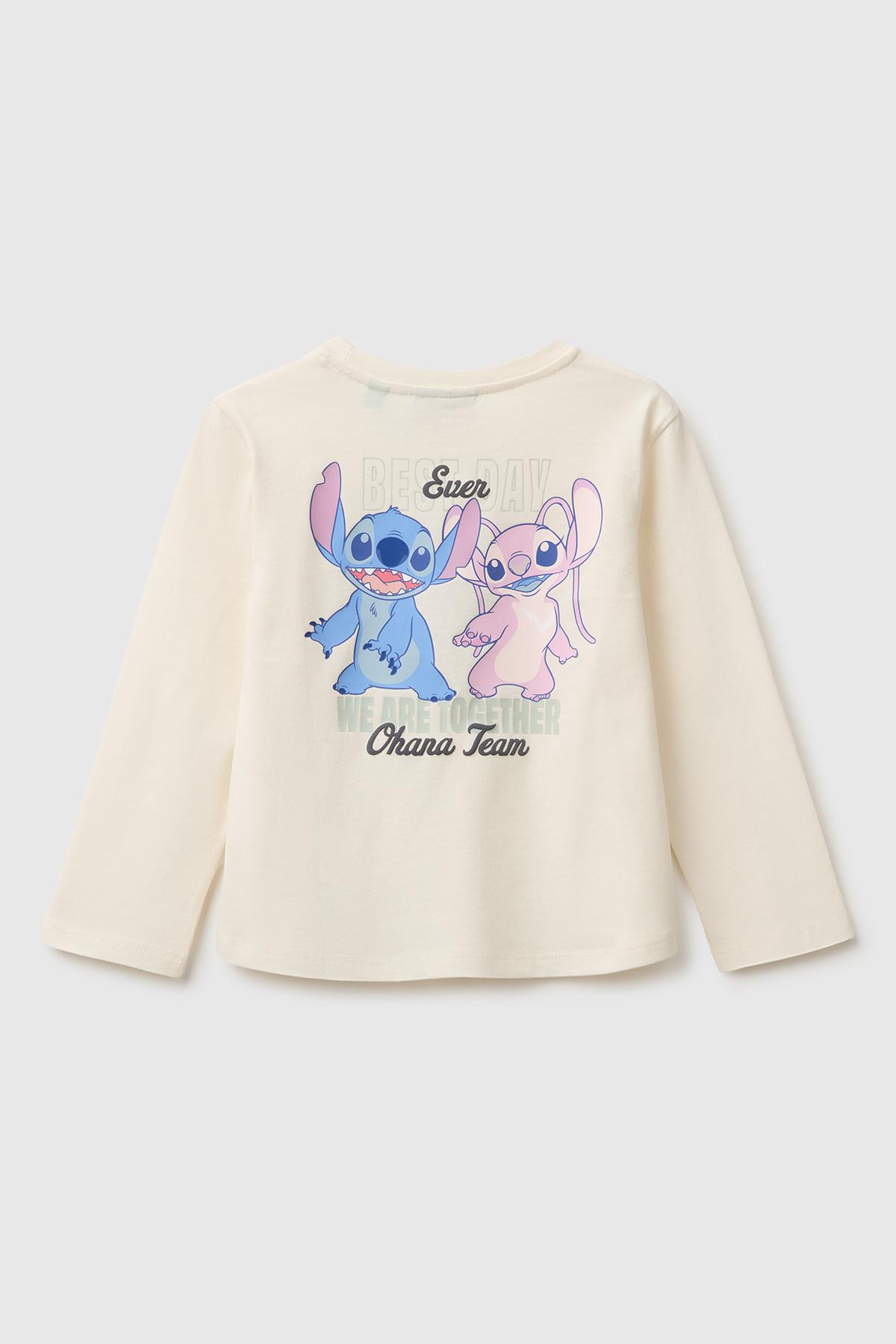 Kız Çocuk Ekru Önü Lilo&Stitch Baskılı Ribanalı Uzun Kollu Tişört