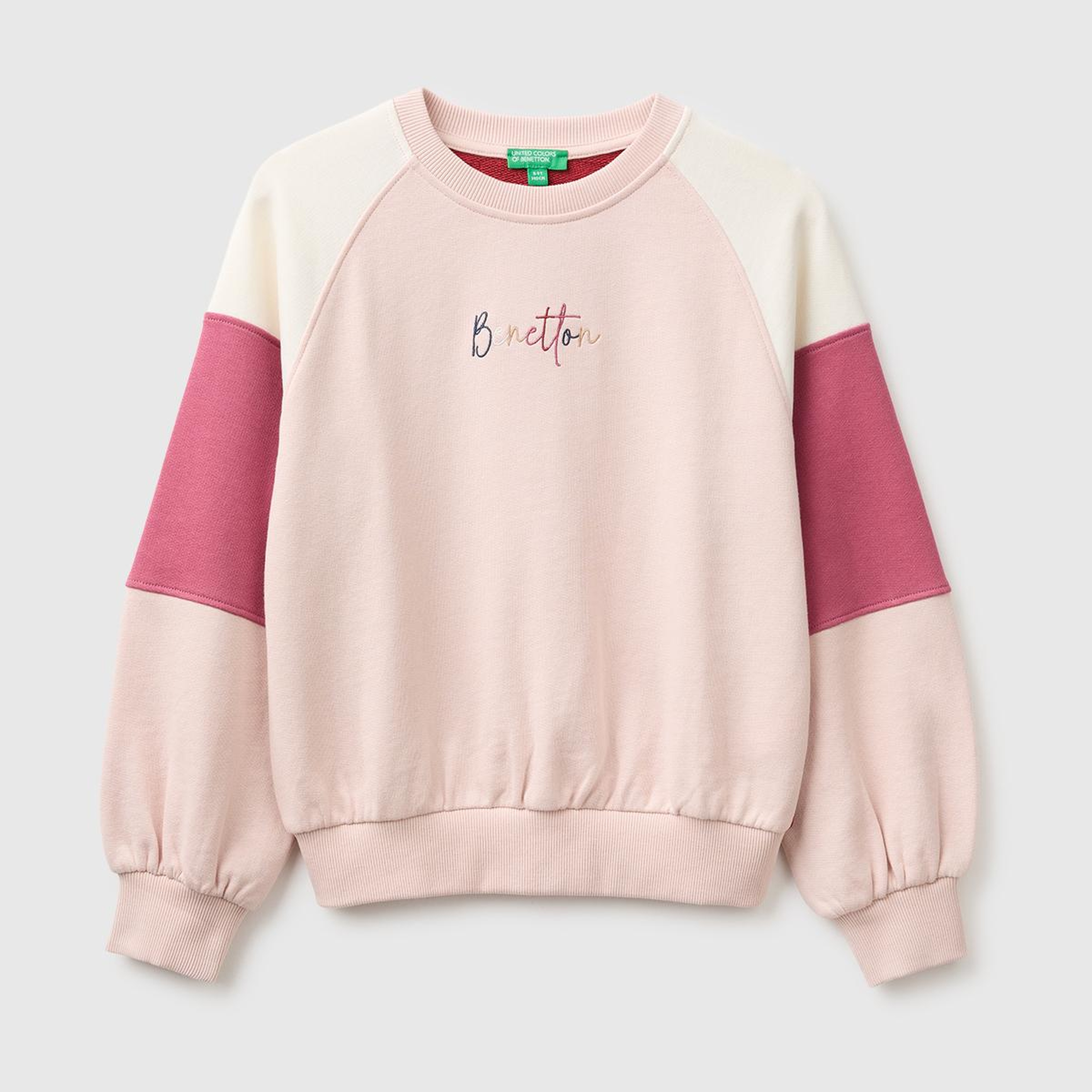 Kız Çocuk Pudra İşlemeli Renk Bloklu Reglan Kollu Bisiklet Yaka Sweatshirt
