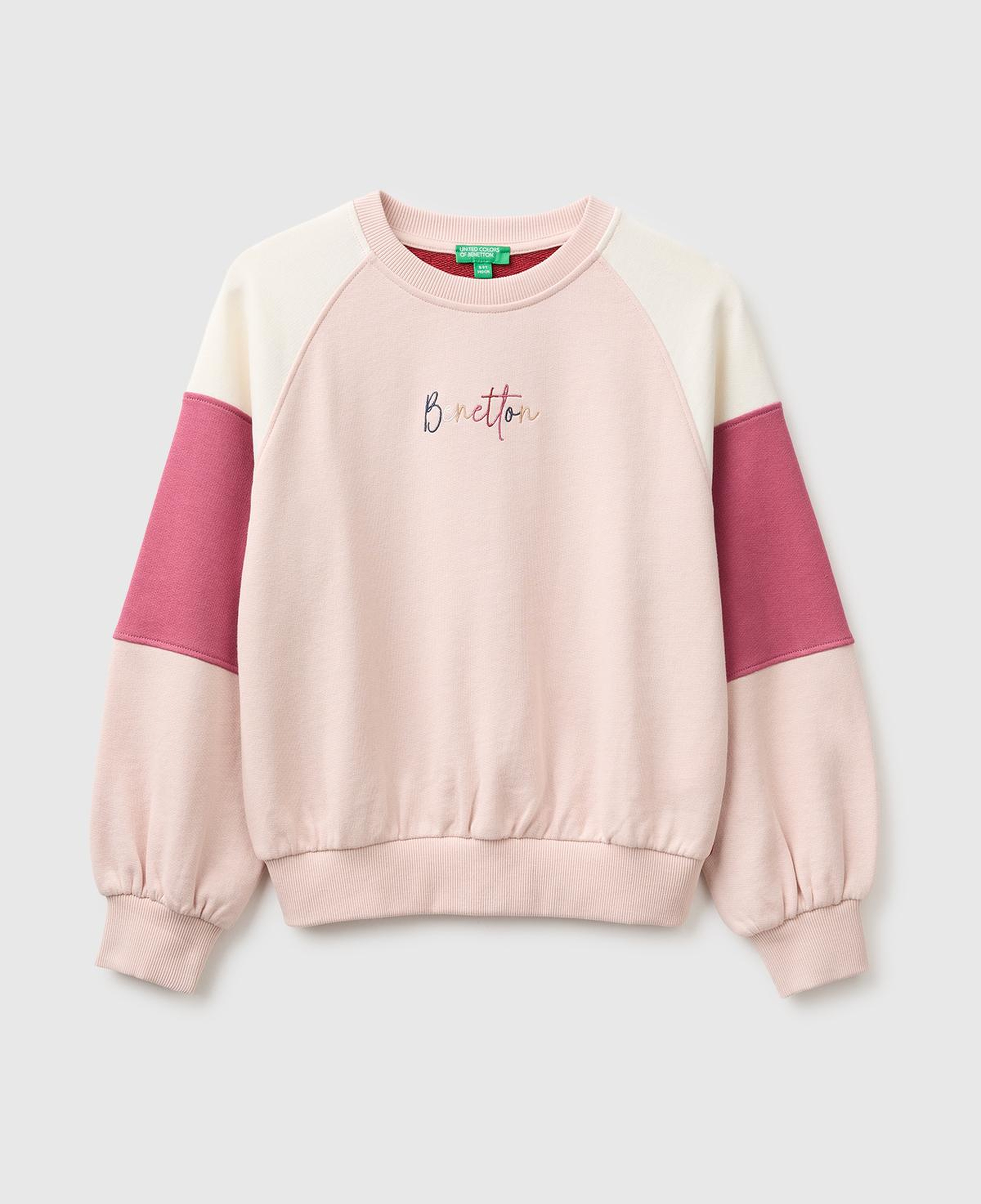 Kız Çocuk Pudra İşlemeli Renk Bloklu Reglan Kollu Bisiklet Yaka Sweatshirt