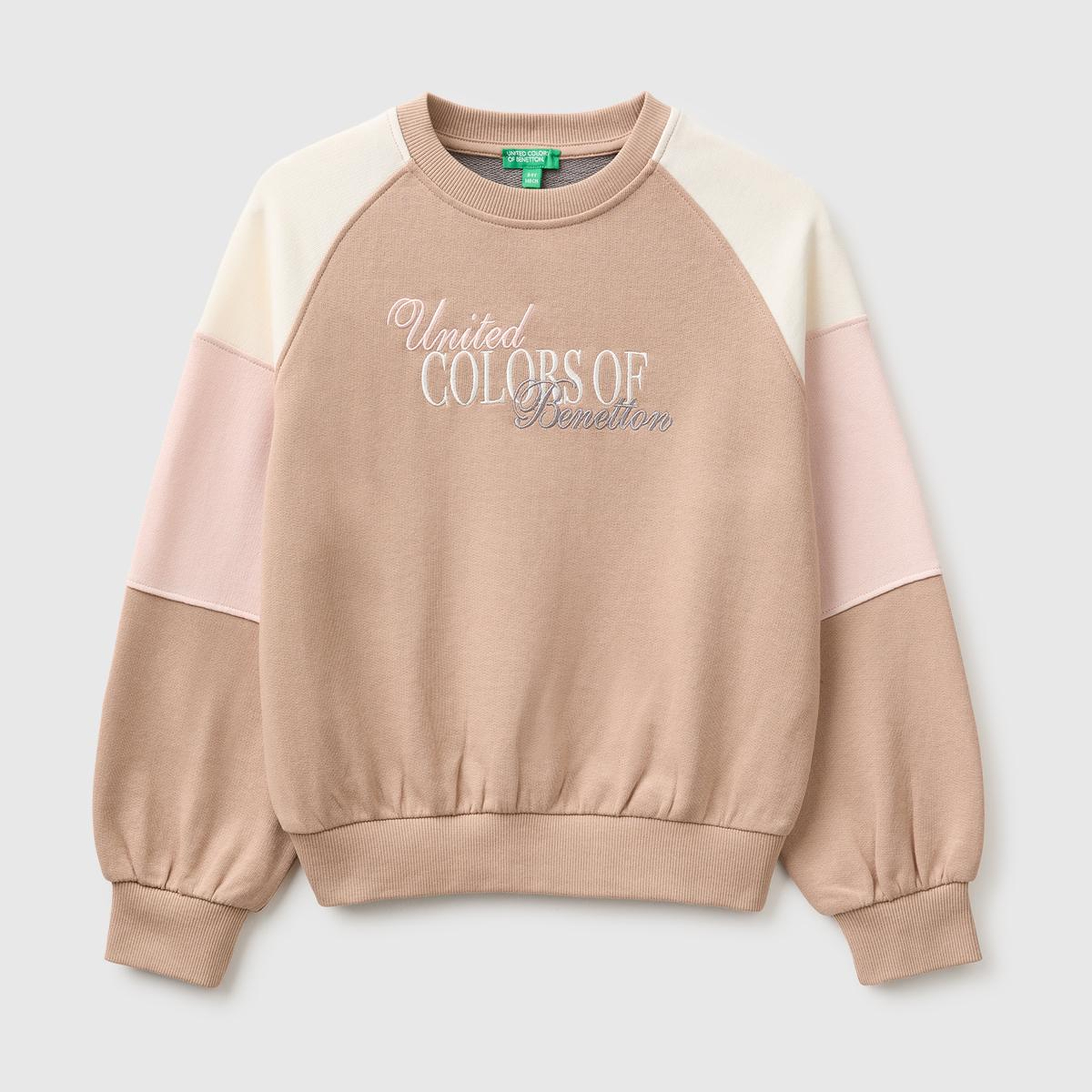Kız Çocuk Haki İşlemeli Renk Bloklu Reglan Kollu Bisiklet Yaka Sweatshirt