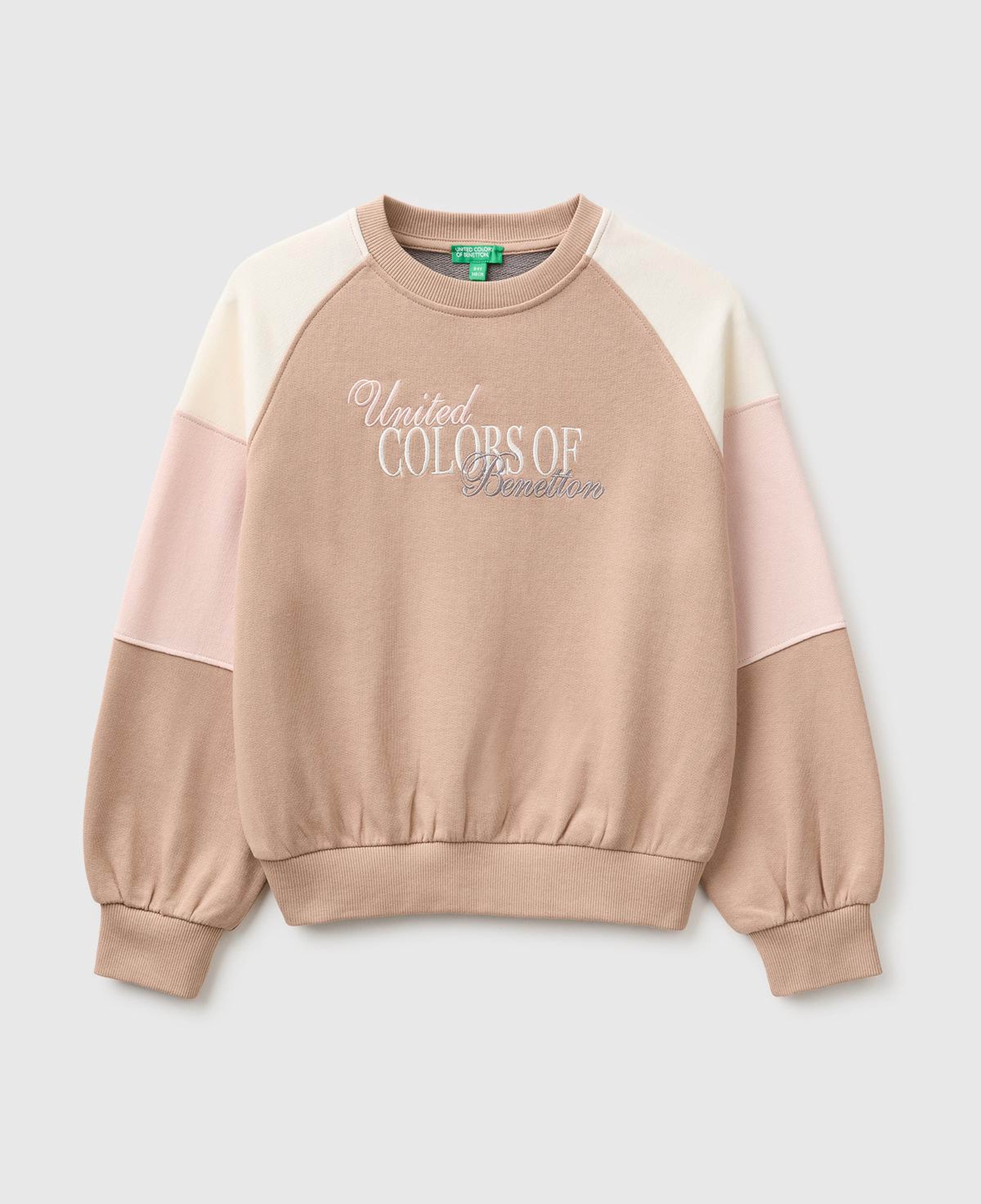 Kız Çocuk Haki İşlemeli Renk Bloklu Reglan Kollu Bisiklet Yaka Sweatshirt