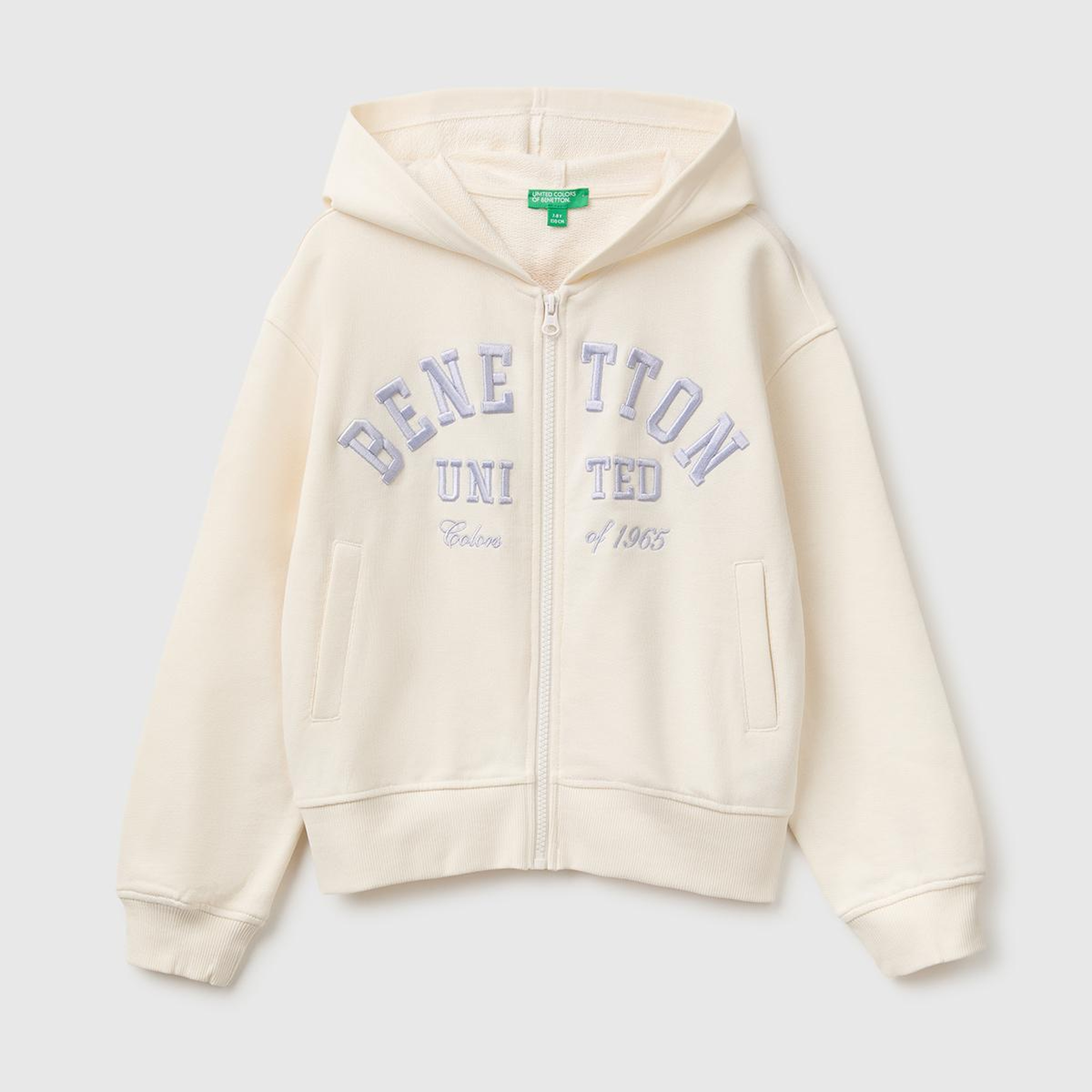 Kız Çocuk Ekru Önü İşlemeli Ribanalı Cepli Kapüşonlu Fermuarlı Sweatshirt