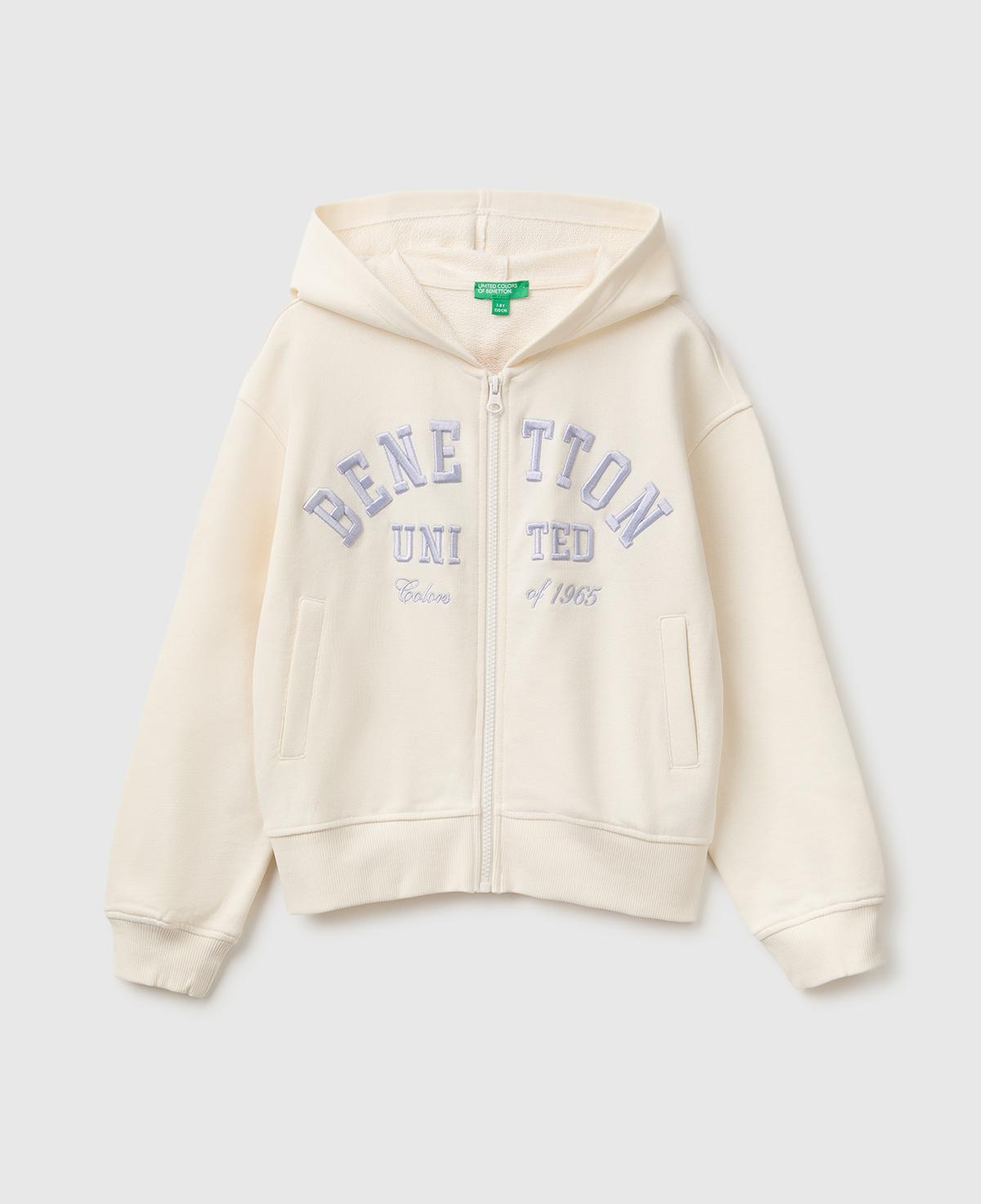 Kız Çocuk Ekru Önü İşlemeli Ribanalı Cepli Kapüşonlu Fermuarlı Sweatshirt