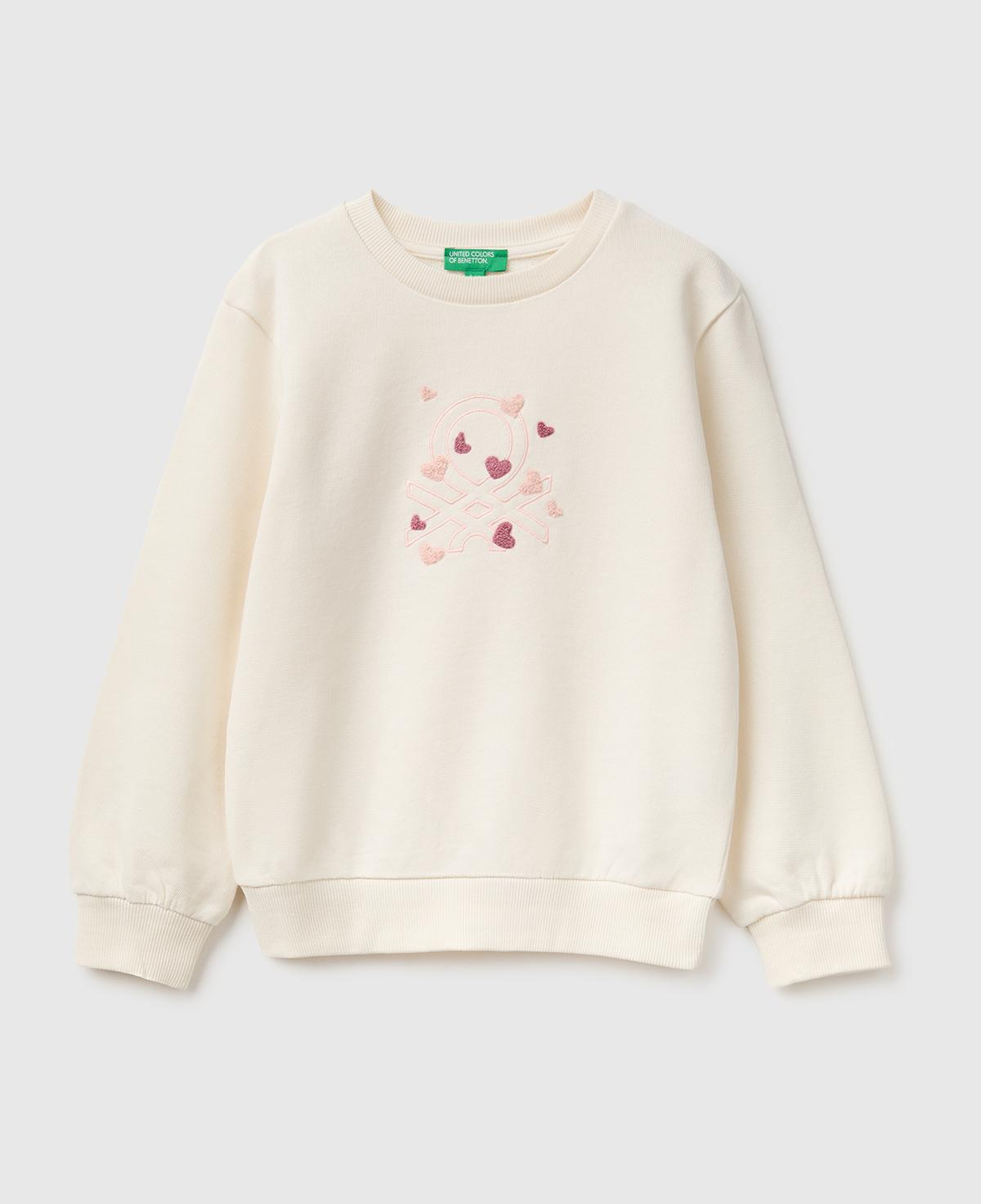 Kız Çocuk Ekru Önü İşlemeli Uzun Kollu Bisiklet Yaka Sweatshirt