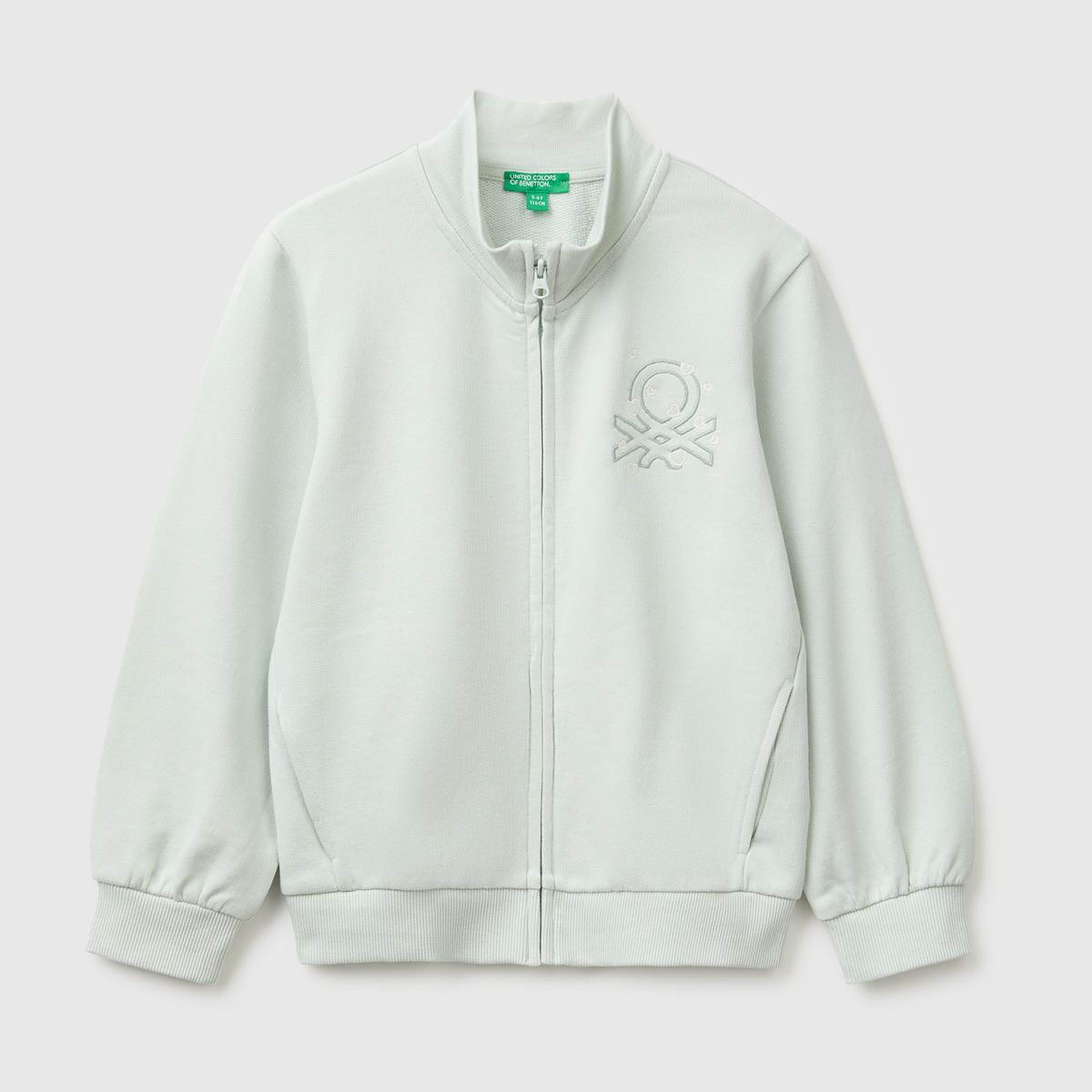Kız Çocuk Su Yeşili Önü İşlemeli Ribanalı Boğazlı Fermuarlı Dik Yaka Sweatshirt