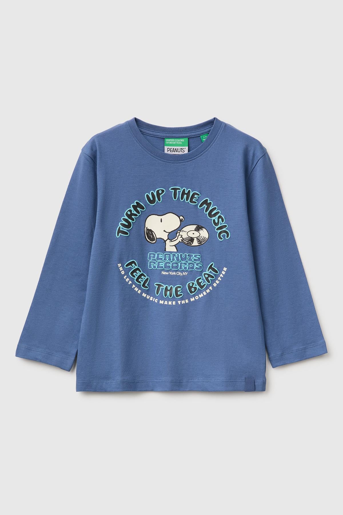 Erkek Çocuk Mavi Önü Snoopy Baskılı Uzun Kollu Tişört