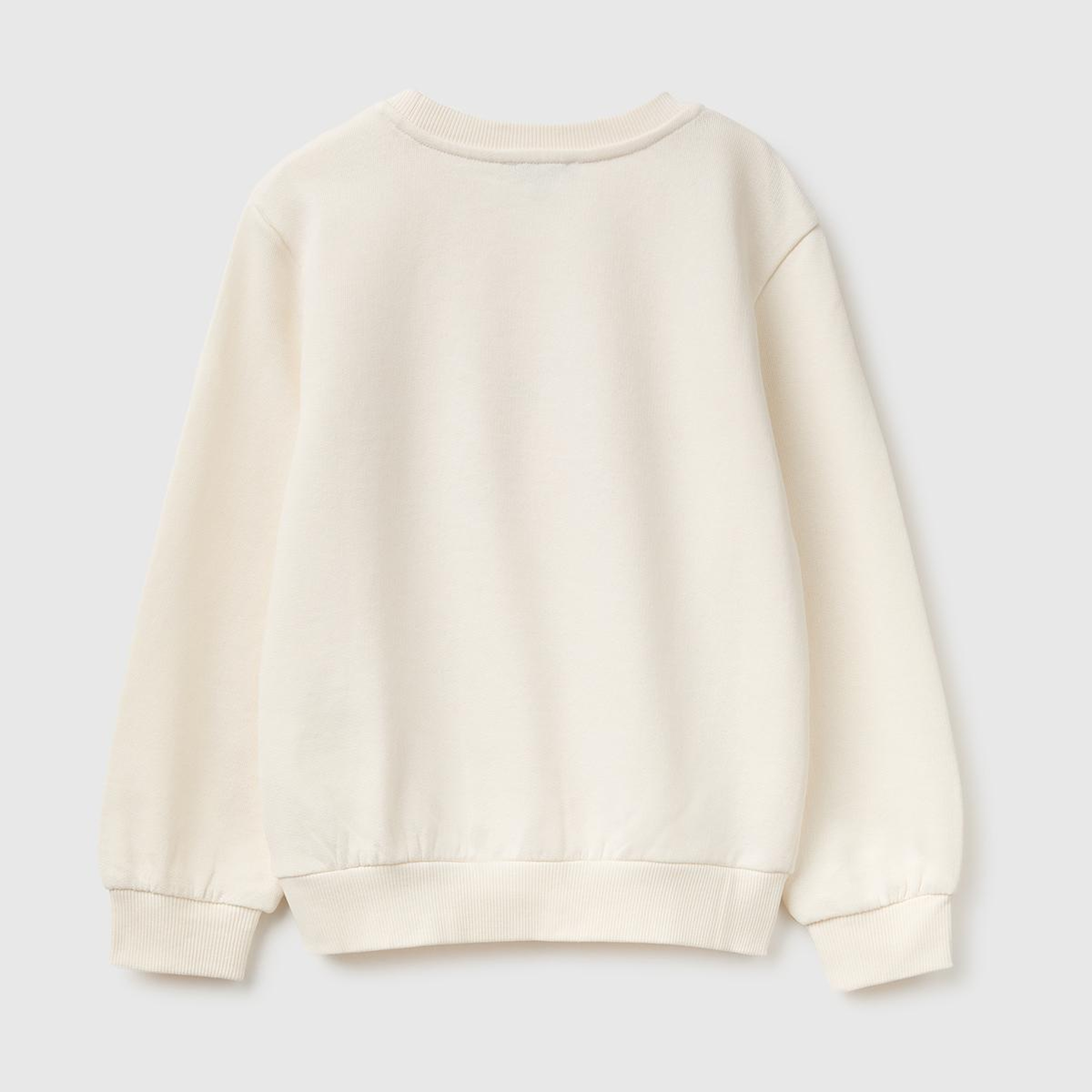 Kız Çocuk Ekru Önü İşlemeli Uzun Kollu Bisiklet Yaka Sweatshirt