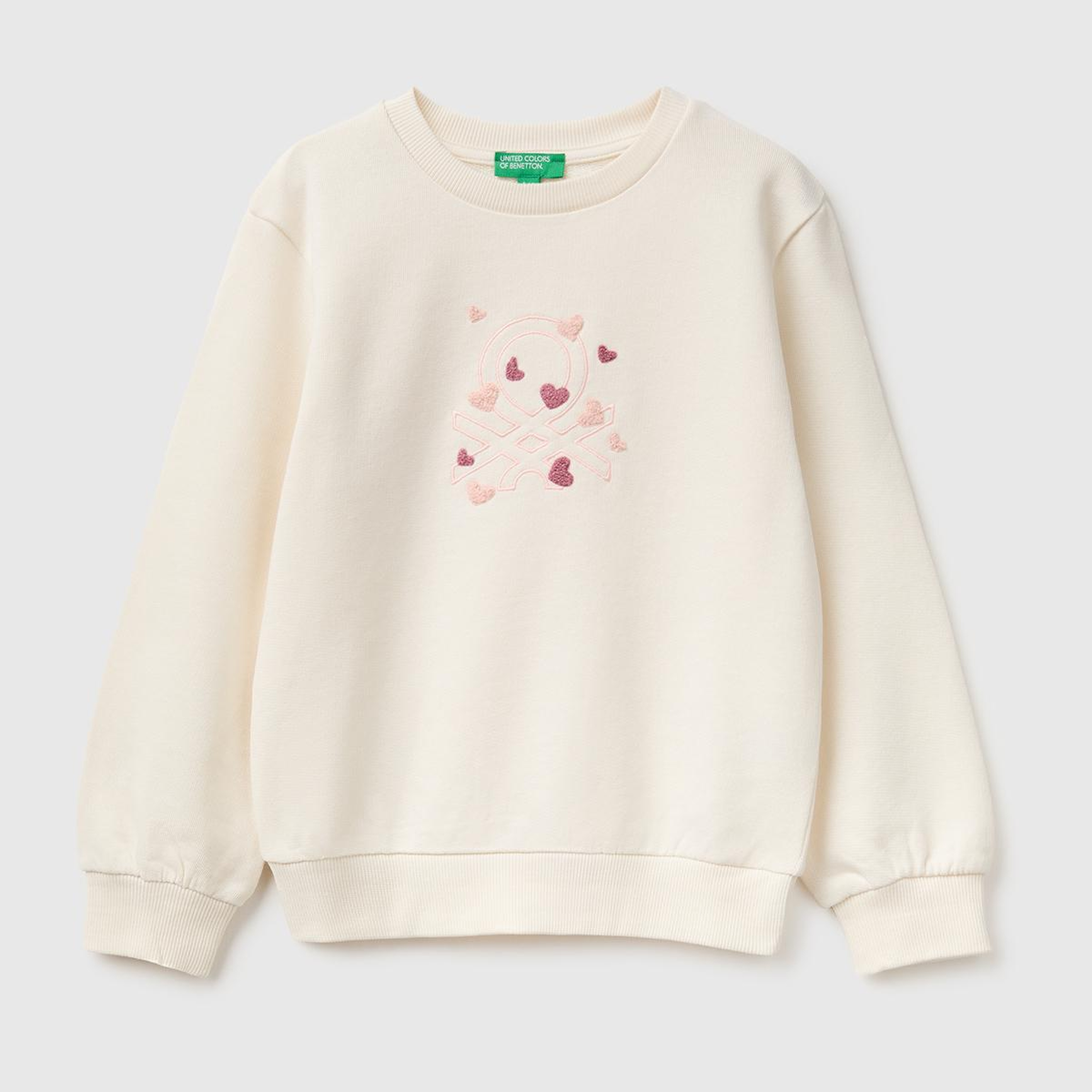 Kız Çocuk Ekru Önü İşlemeli Uzun Kollu Bisiklet Yaka Sweatshirt