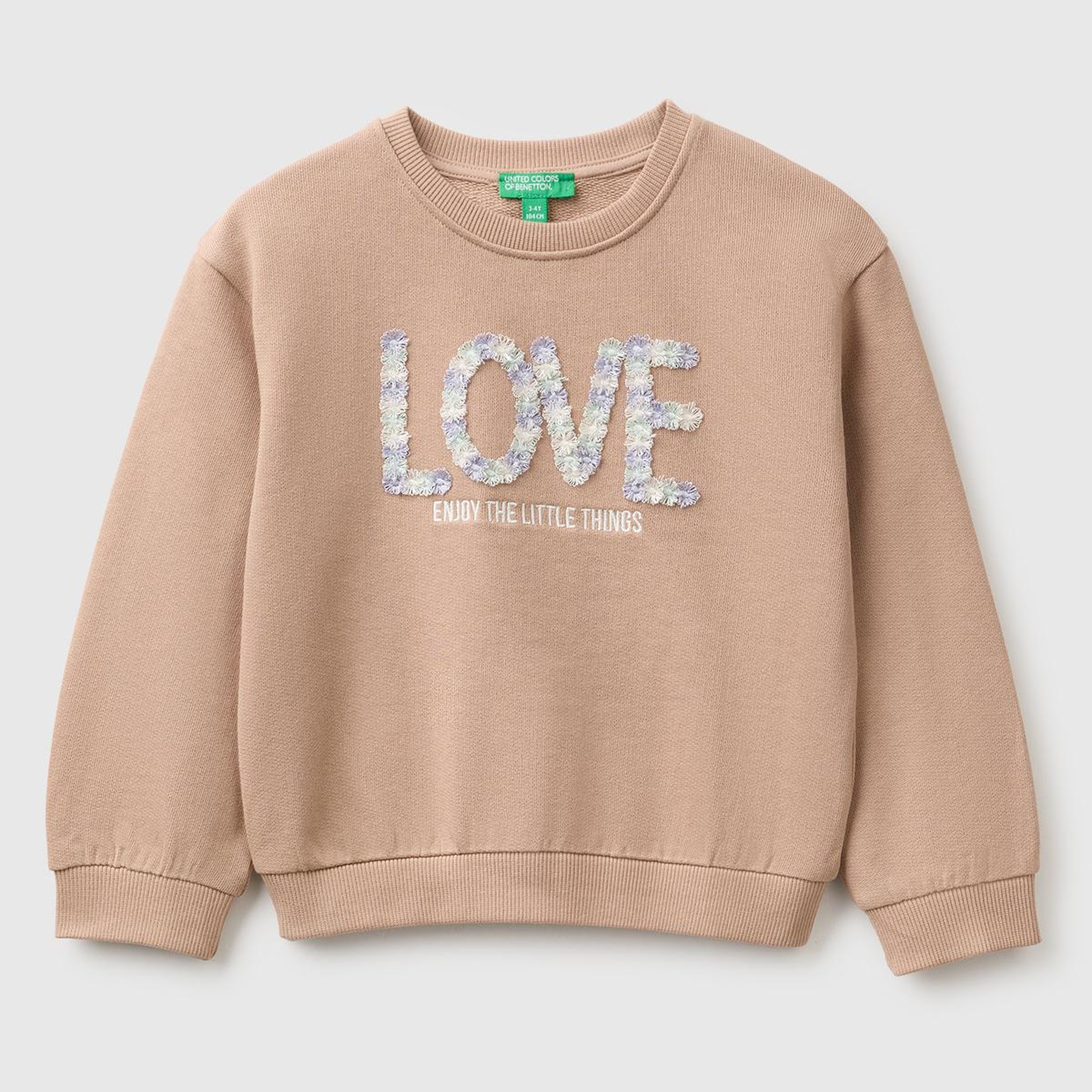 Kız Çocuk Sütlü Kahve Önü İşlemeli Uzun Kollu Bisiklet Yaka Sweatshirt