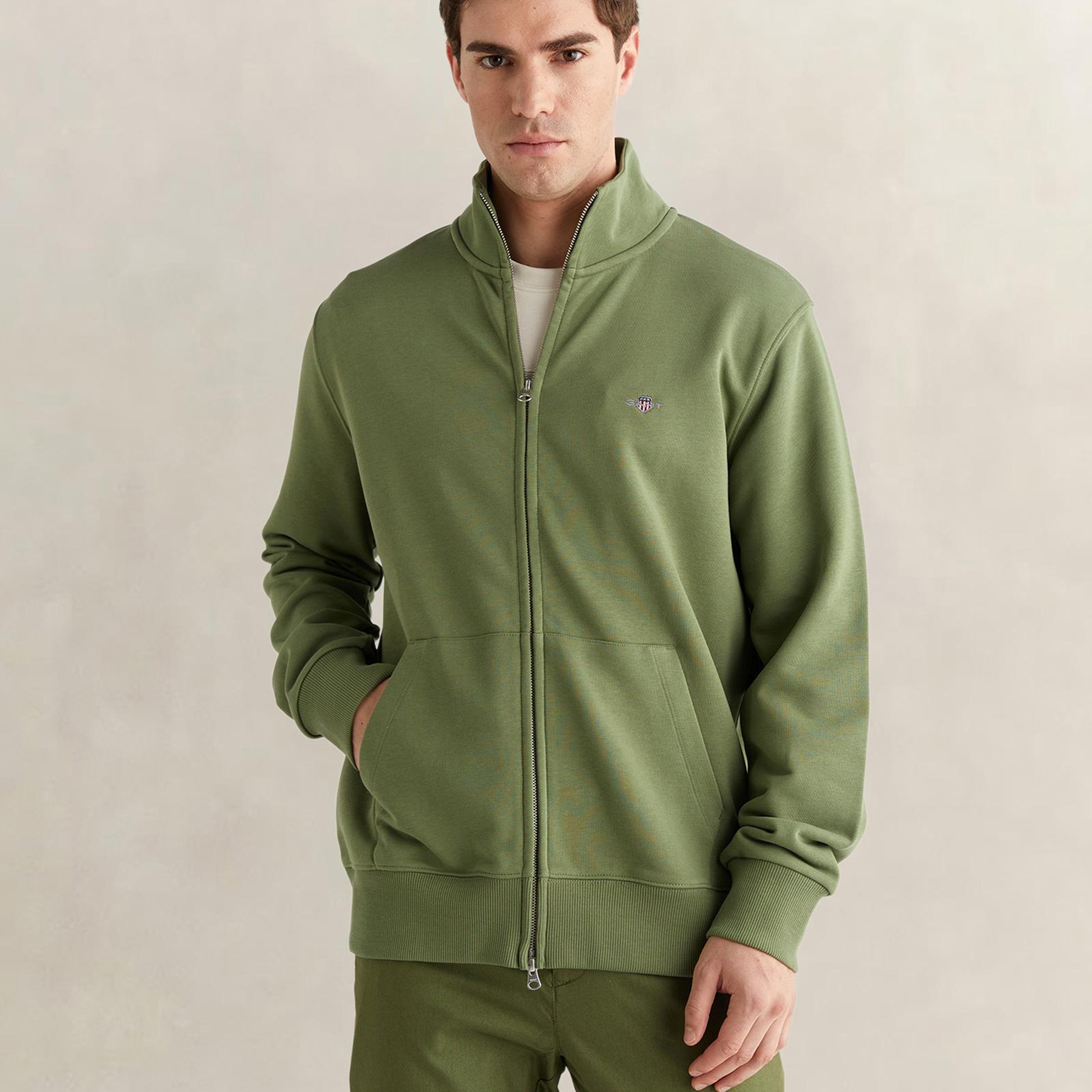 GANT Erkek Yeşil Fermuarlı Logolu Sweatshirt