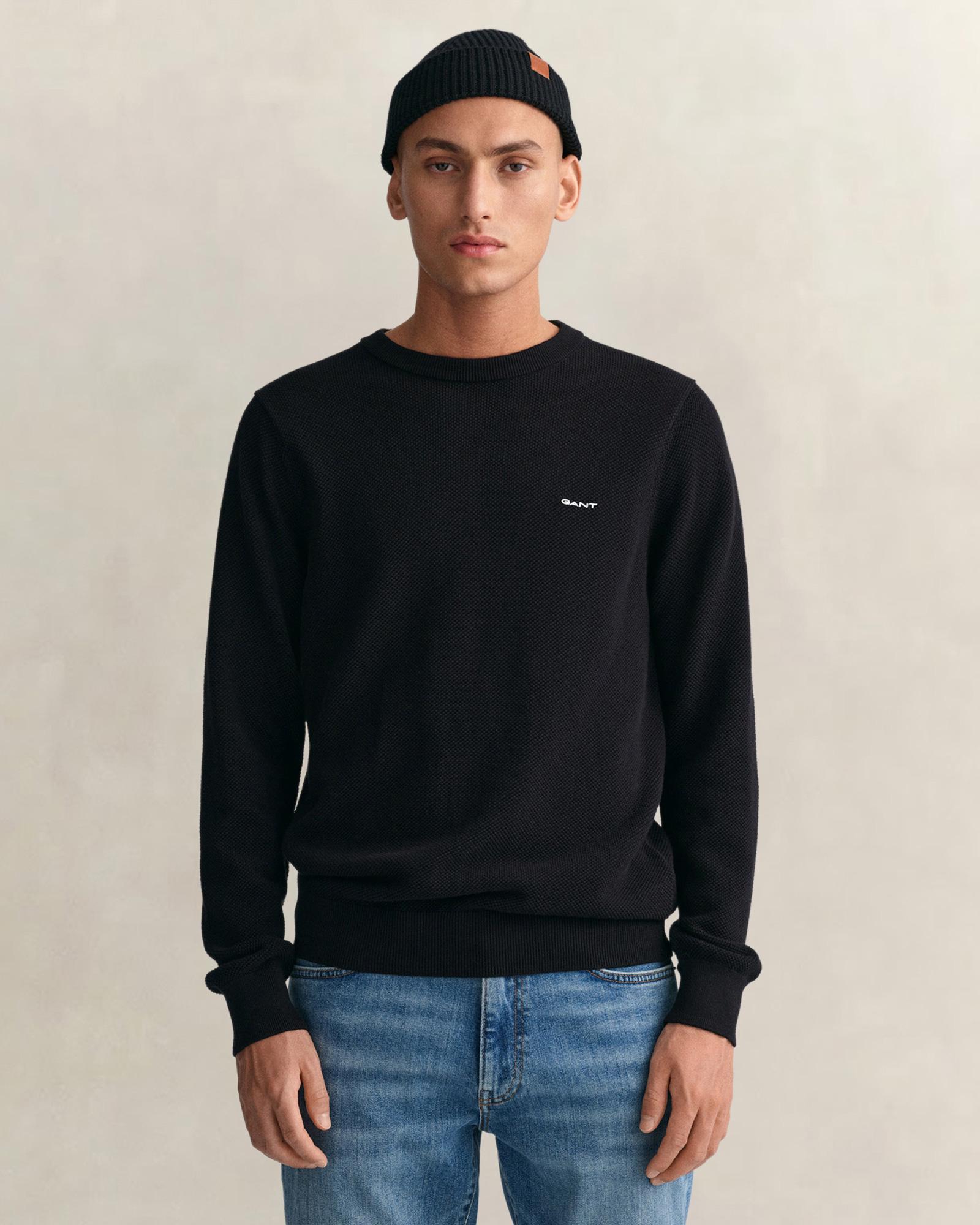GANT Erkek Siyah Regular Fit Bisiklet Yaka Kazak
