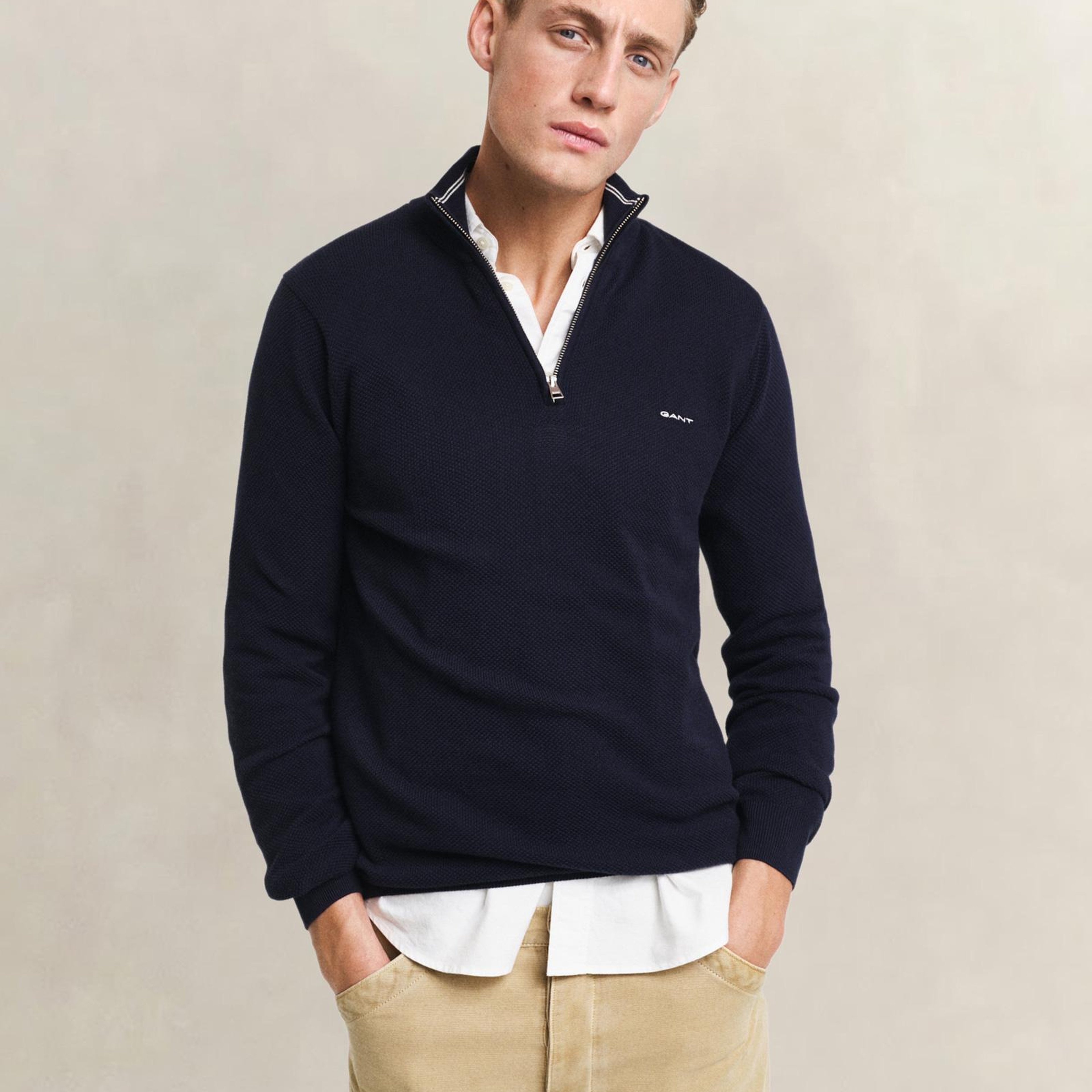 GANT Erkek Lacivert Regular Fit Yarım Fermuarlı Kazak