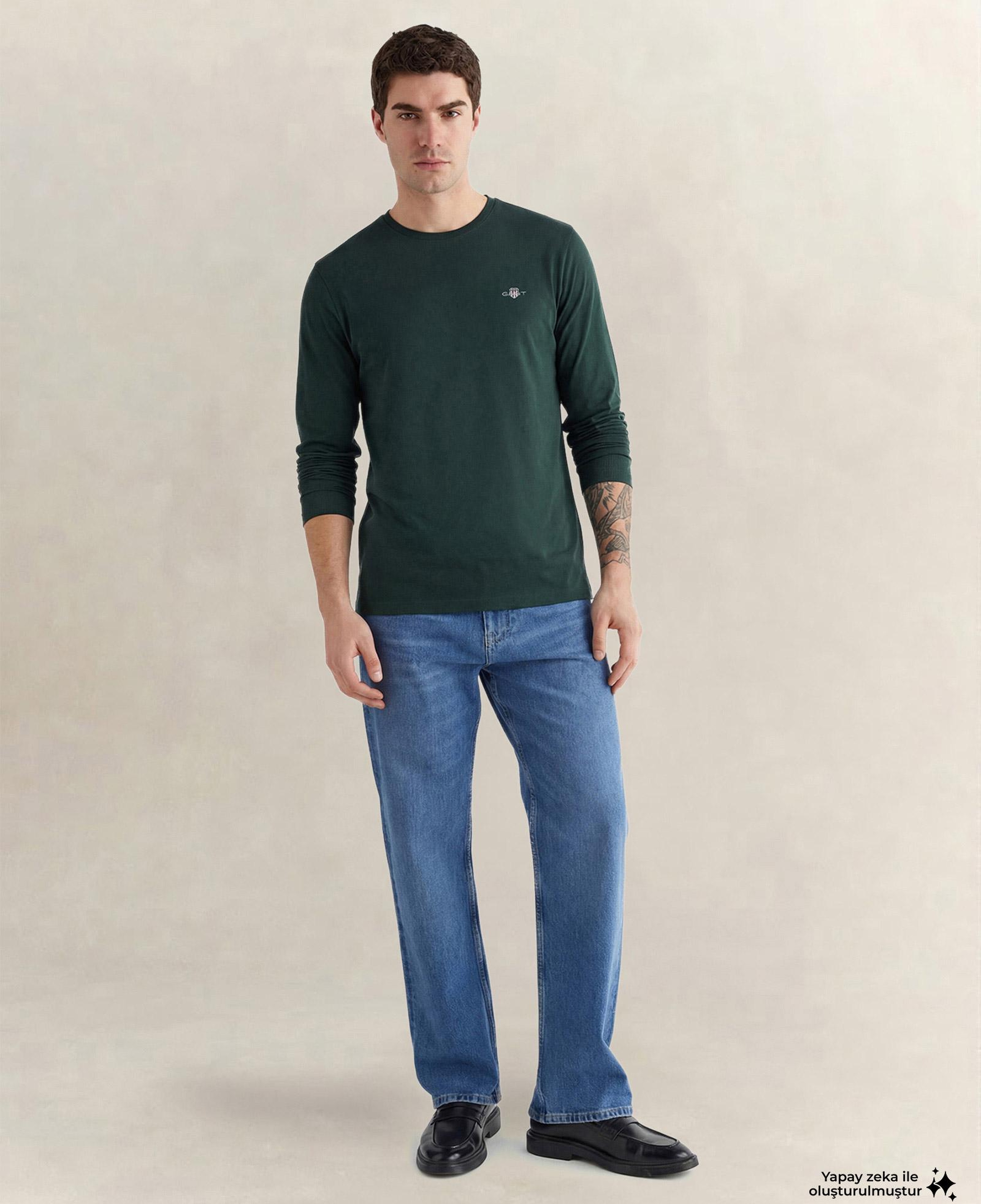 GANT Erkek Yeşil Regular Fit Bisiklet Yaka Uzun Kollu T-Shirt