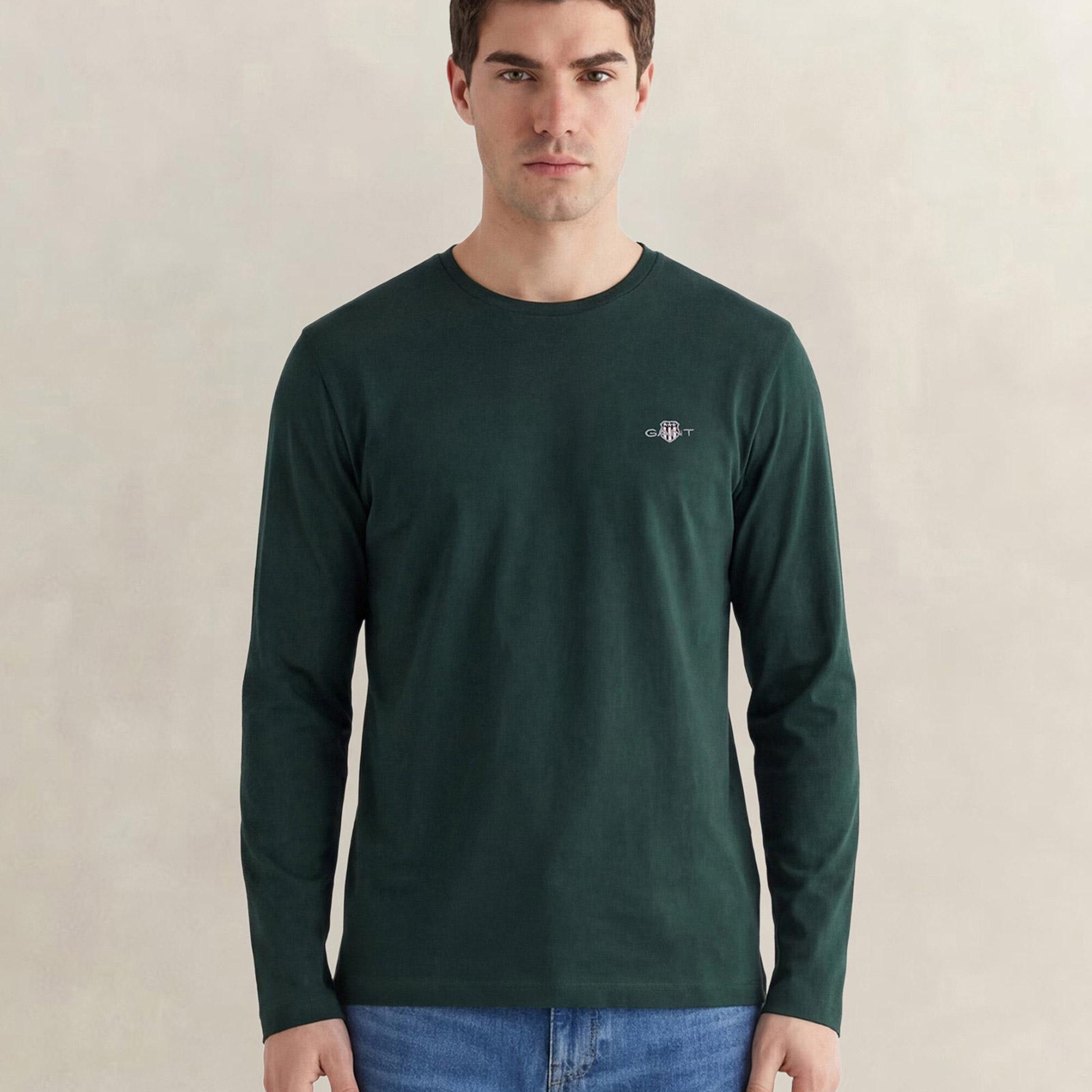 GANT Erkek Yeşil Regular Fit Bisiklet Yaka Uzun Kollu T-Shirt