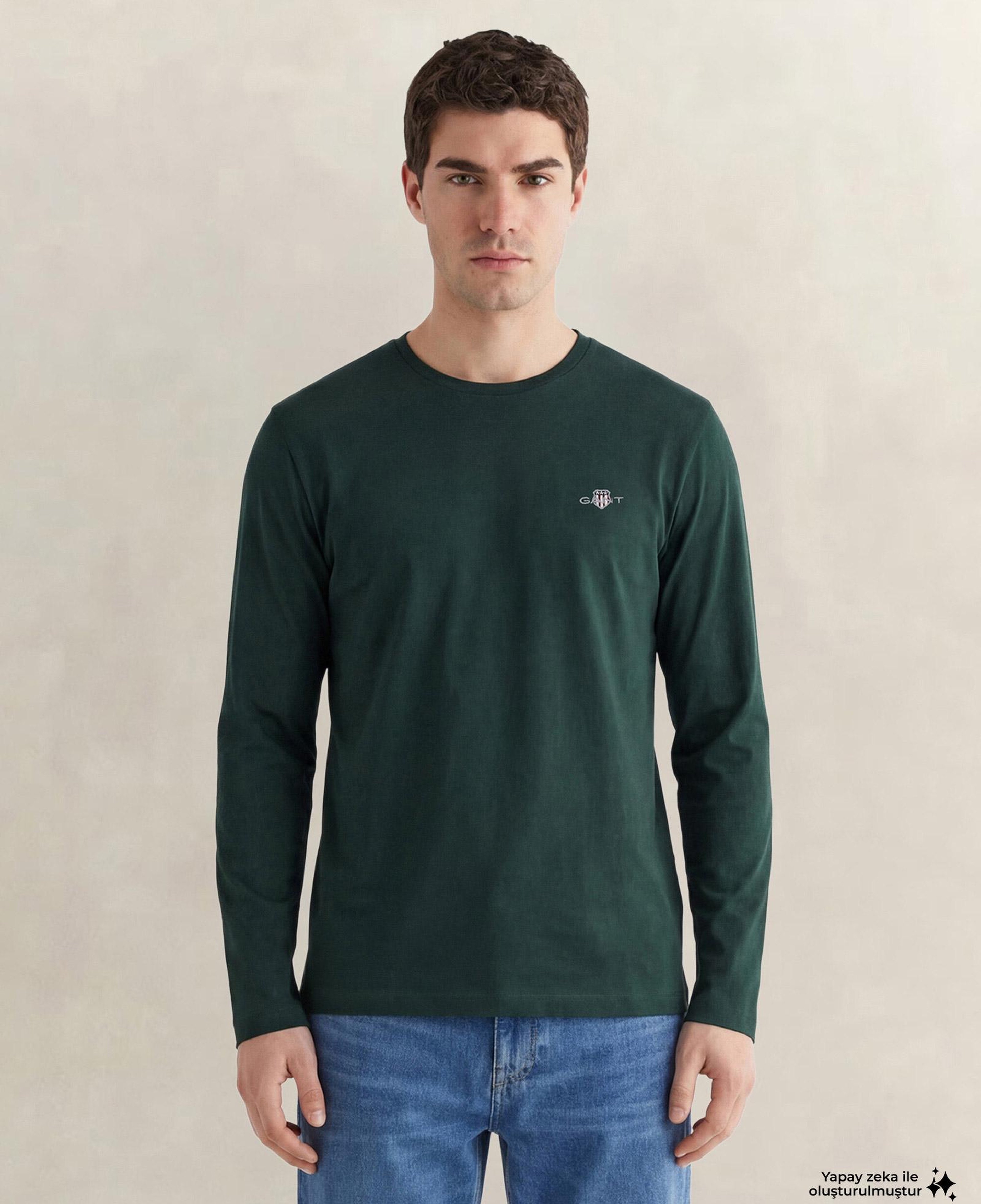 GANT Erkek Yeşil Regular Fit Bisiklet Yaka Uzun Kollu T-Shirt