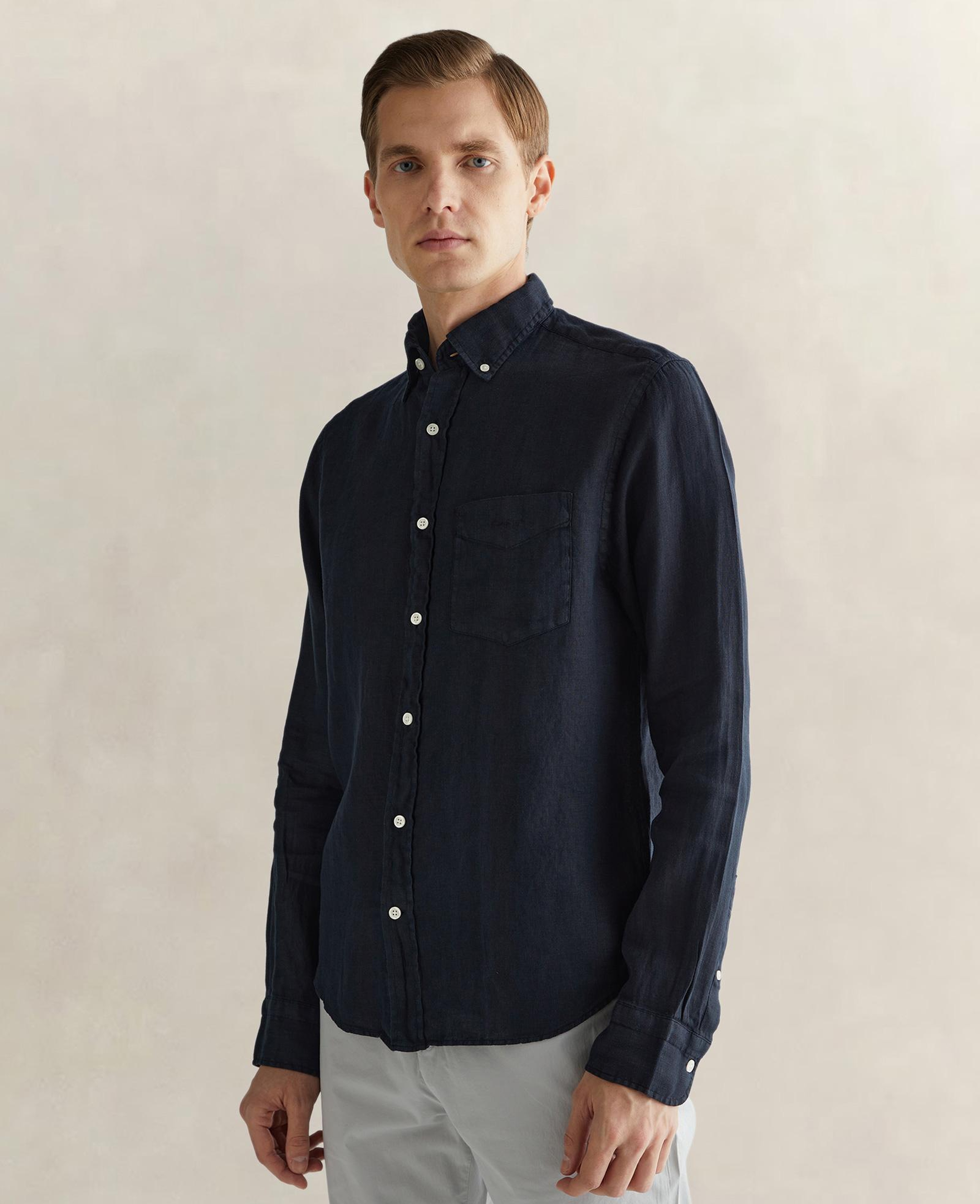 GANT Erkek Siyah Regular Fit Düğmeli Yaka Keten Gömlek