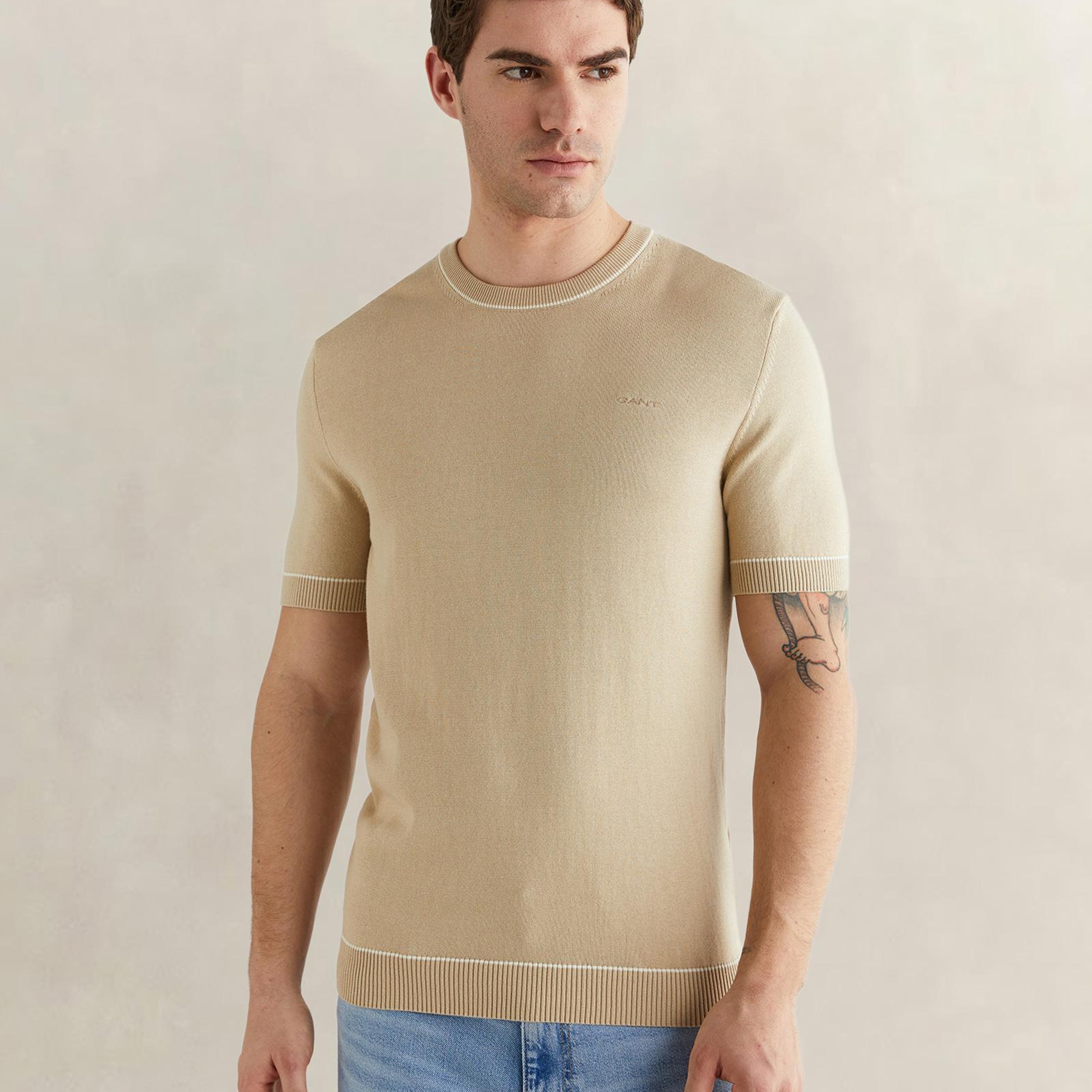 GANT Erkek Bej Regular Fit Kısa Kollu Triko