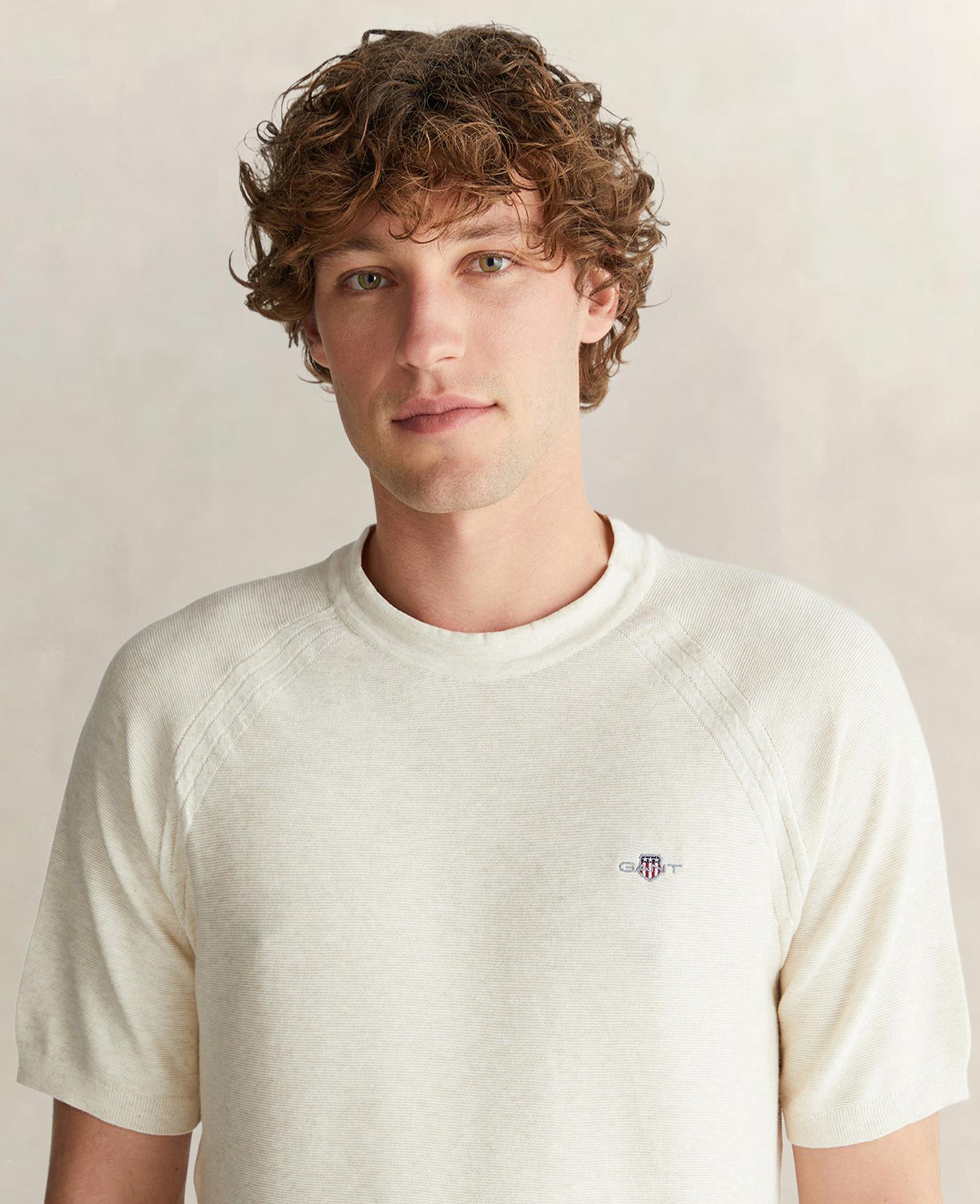 GANT Erkek Bej Regular Fit Bisiklet Yaka Kısa Kollu Triko