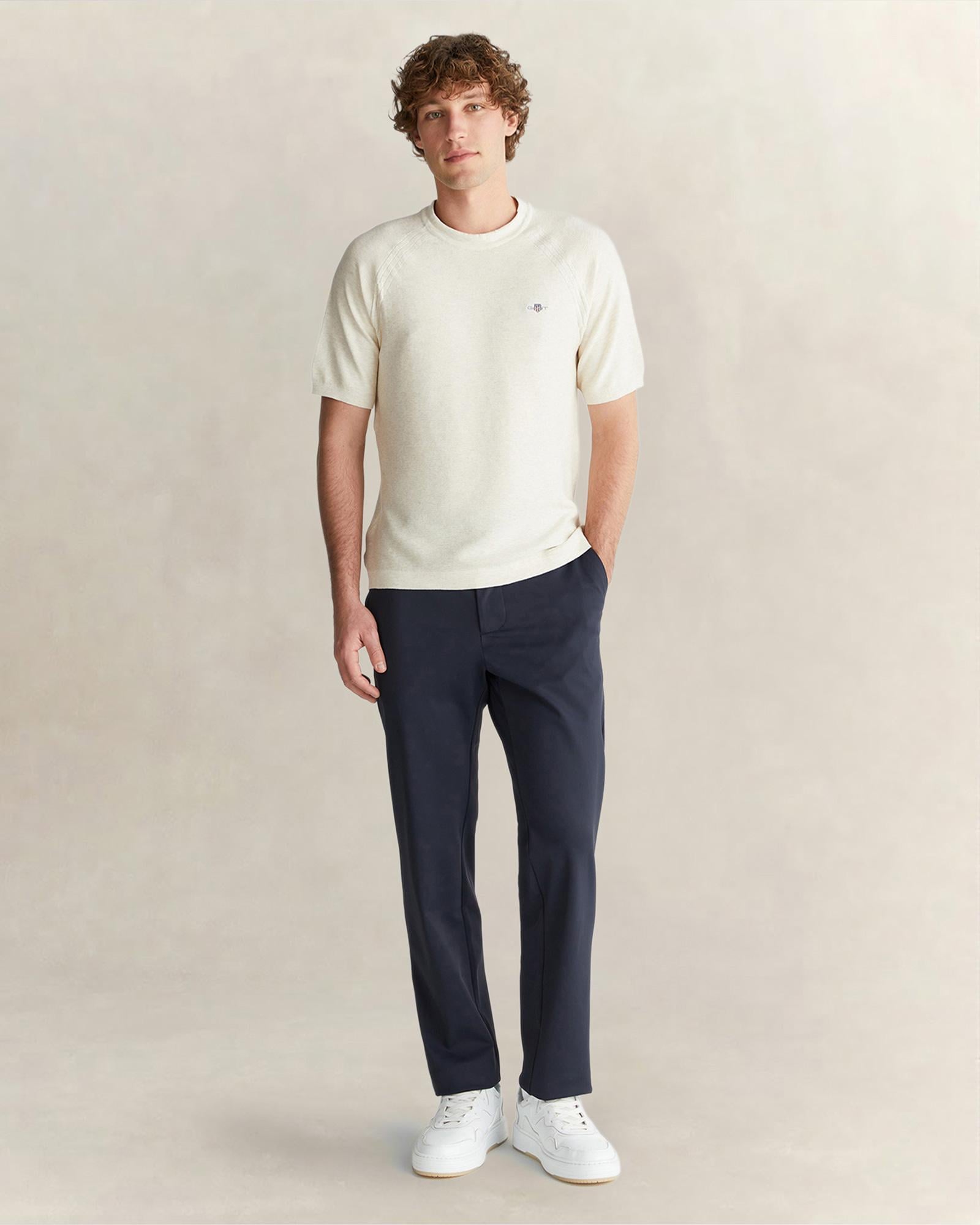 GANT Erkek Bej Regular Fit Bisiklet Yaka Kısa Kollu Triko