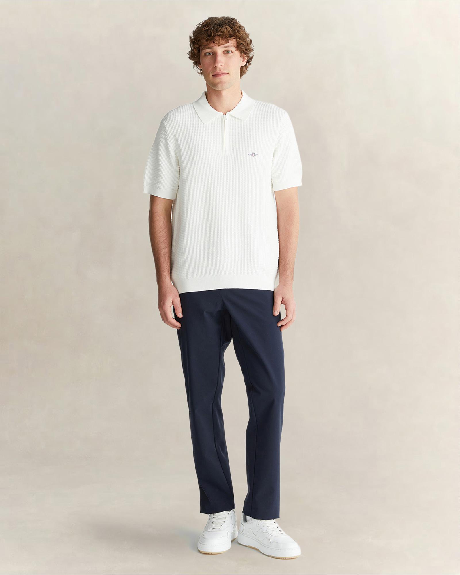 GANT Erkek Beyaz Regular Fit Yarım Fermuarlı Kısa Kollu Triko