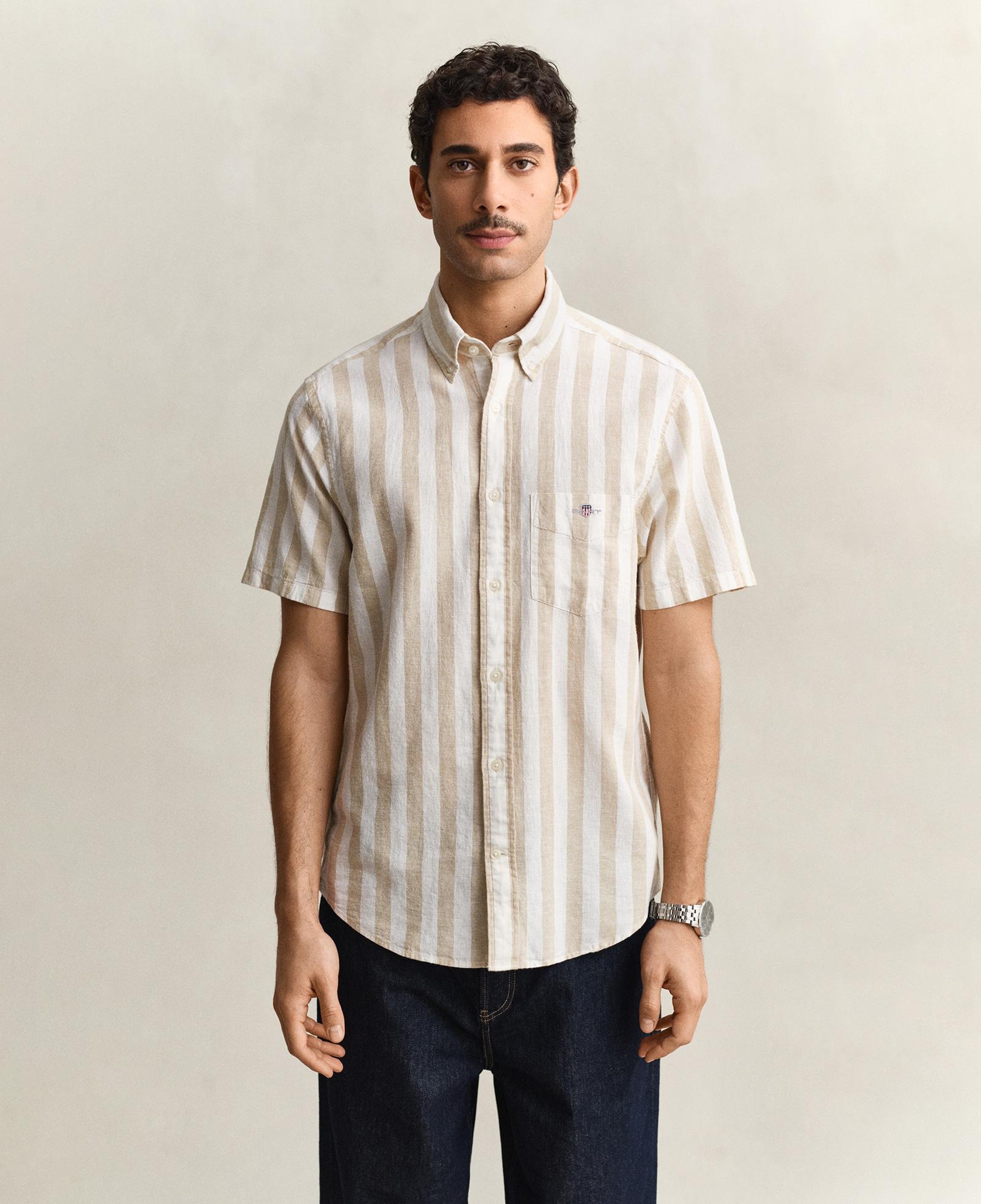 GANT Erkek Bej Regular Fit Çizgili Logolu Gömlek