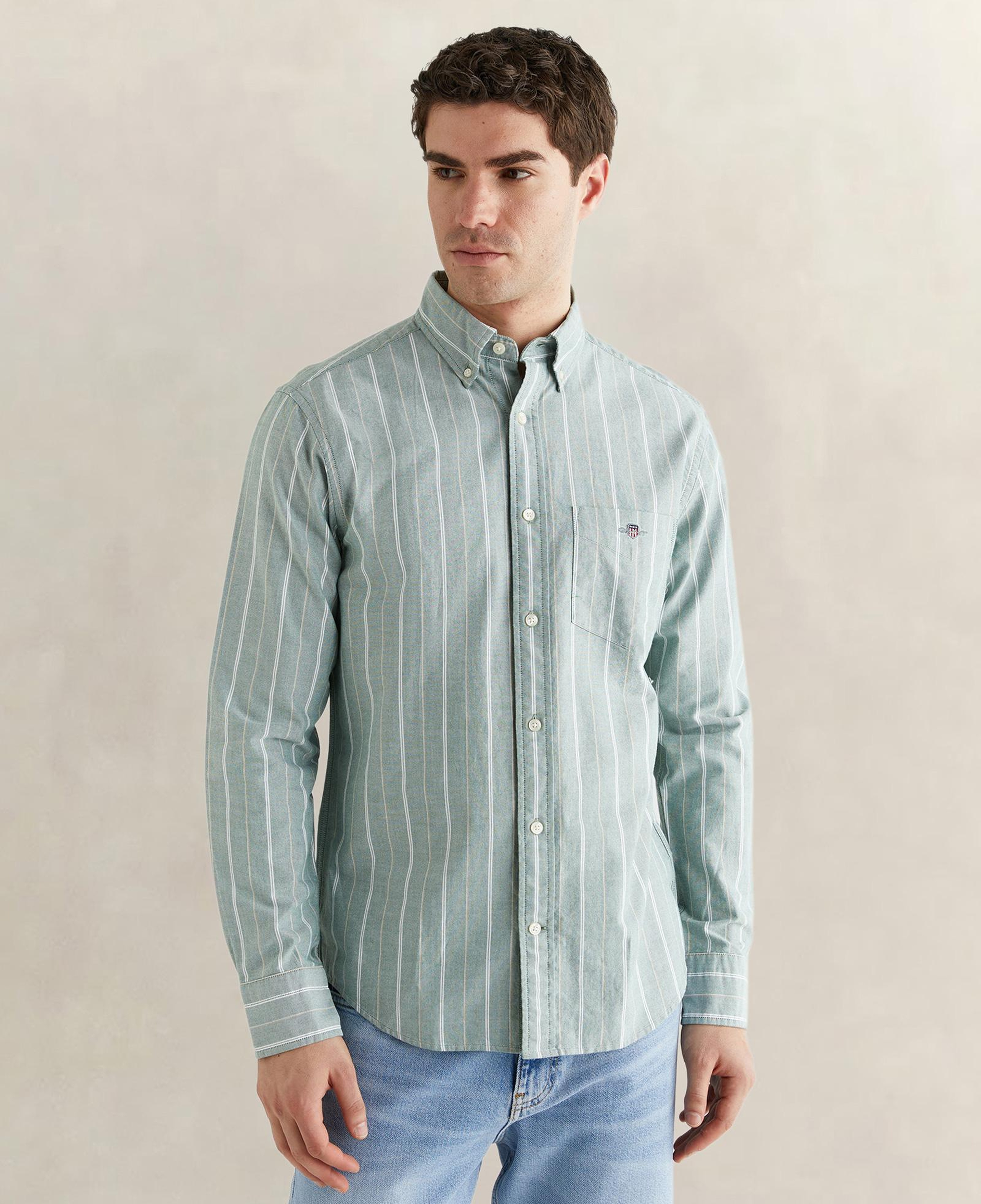 GANT Erkek Yeşil Regular Fit Düğmeli Yaka Çizgili Oxford Gömlek