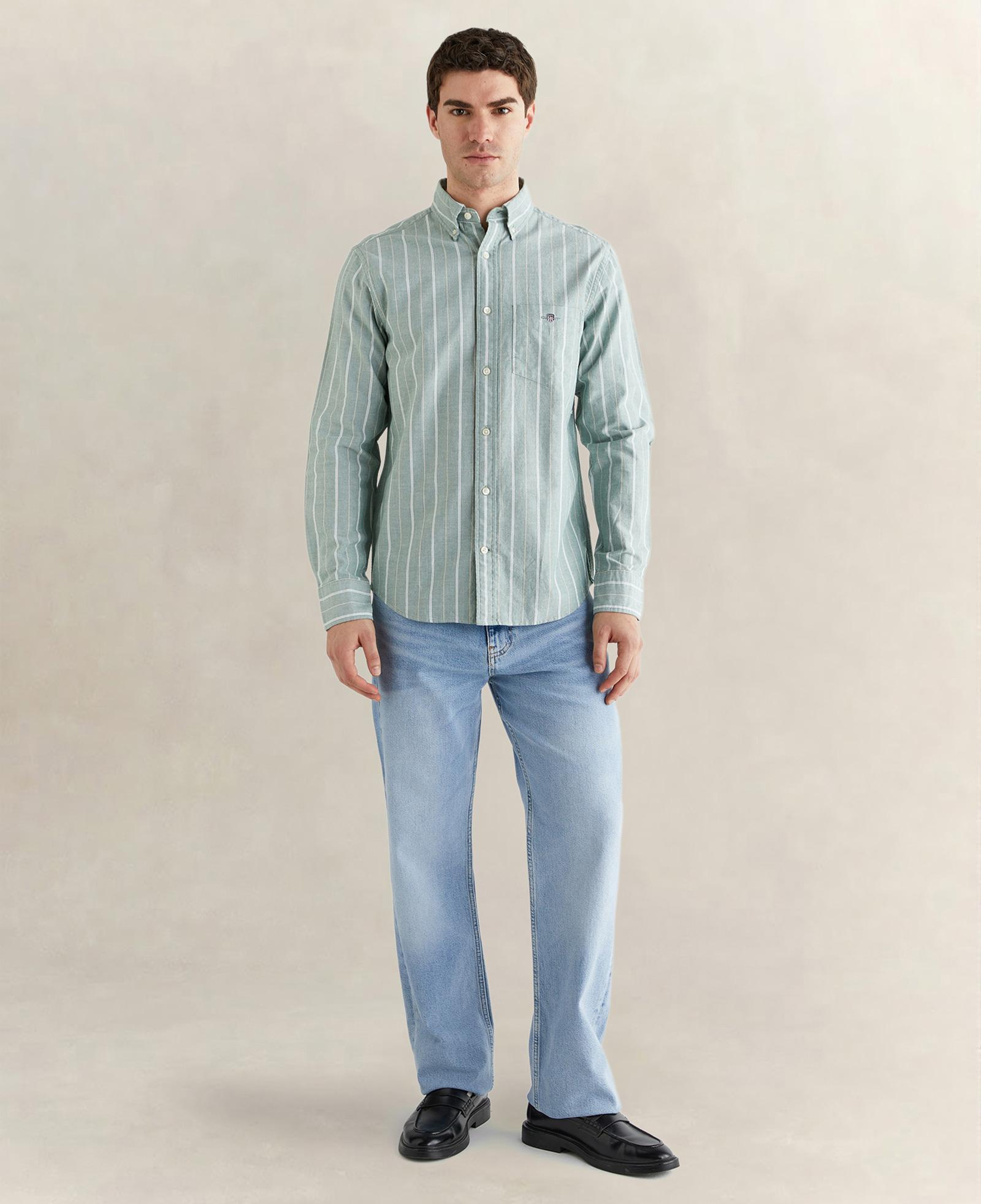 GANT Erkek Yeşil Regular Fit Düğmeli Yaka Çizgili Oxford Gömlek