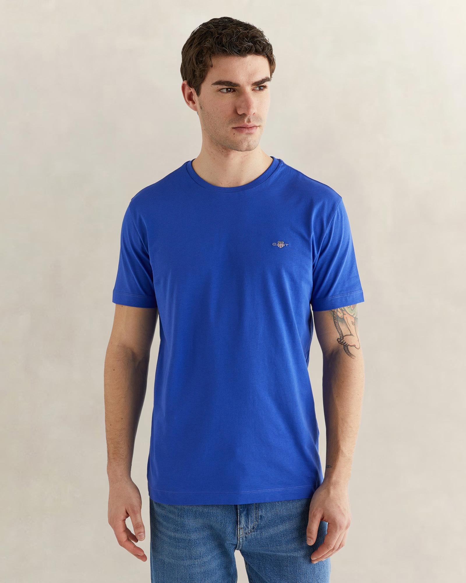 GANT Erkek Mavi Bisiklet Yaka Regular Fit Logolu T-Shirt