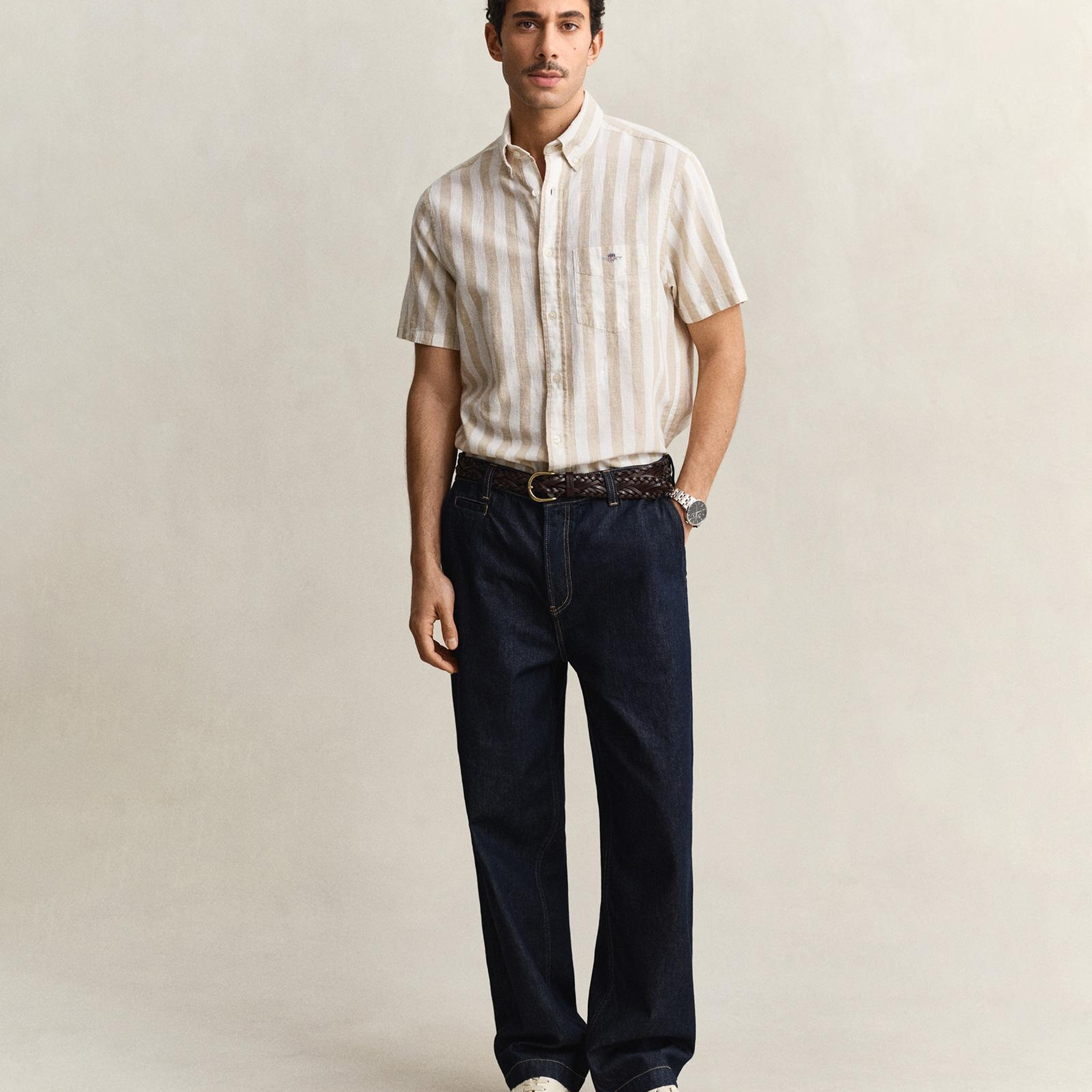 GANT Erkek Bej Regular Fit Çizgili Logolu Gömlek