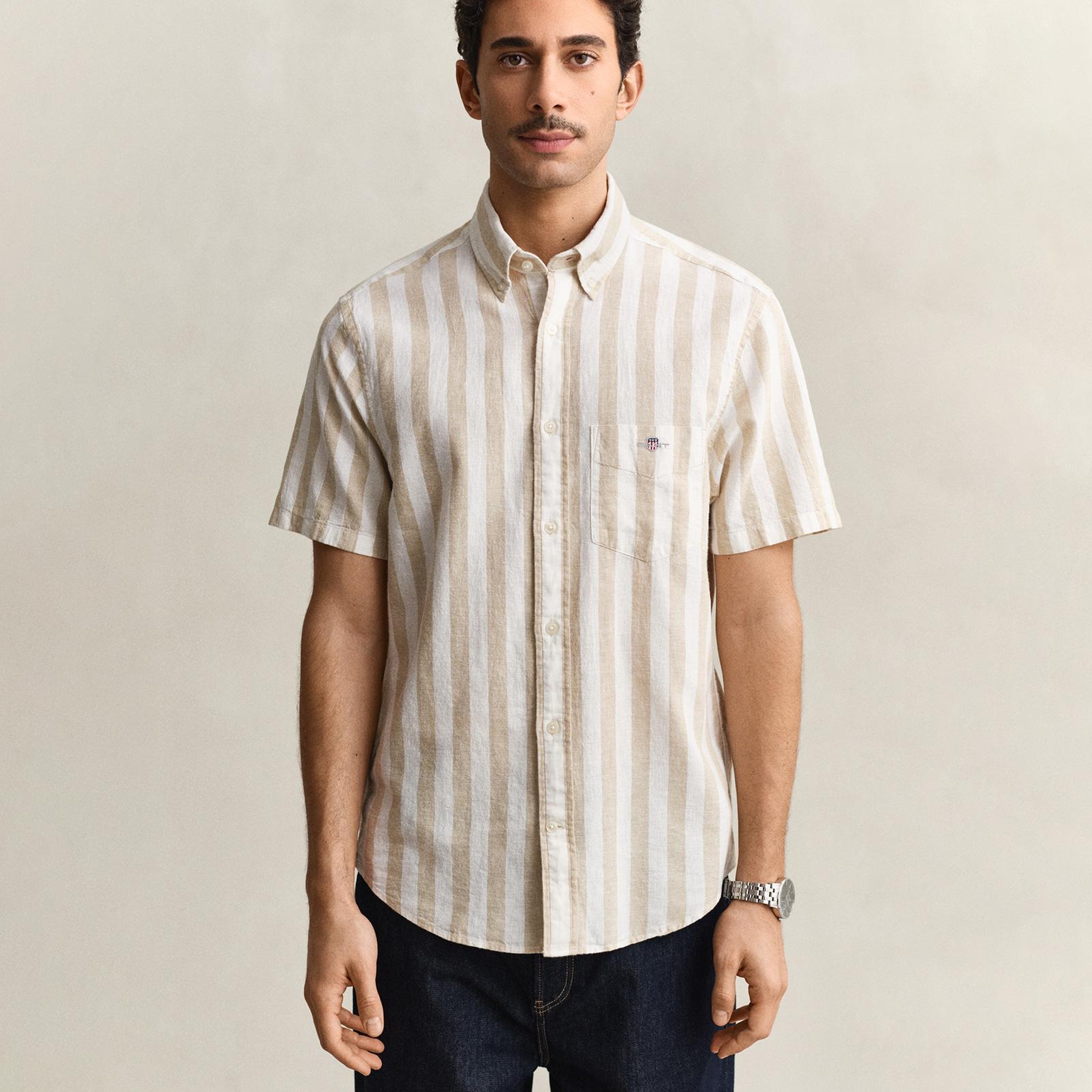 GANT Erkek Bej Regular Fit Çizgili Logolu Gömlek
